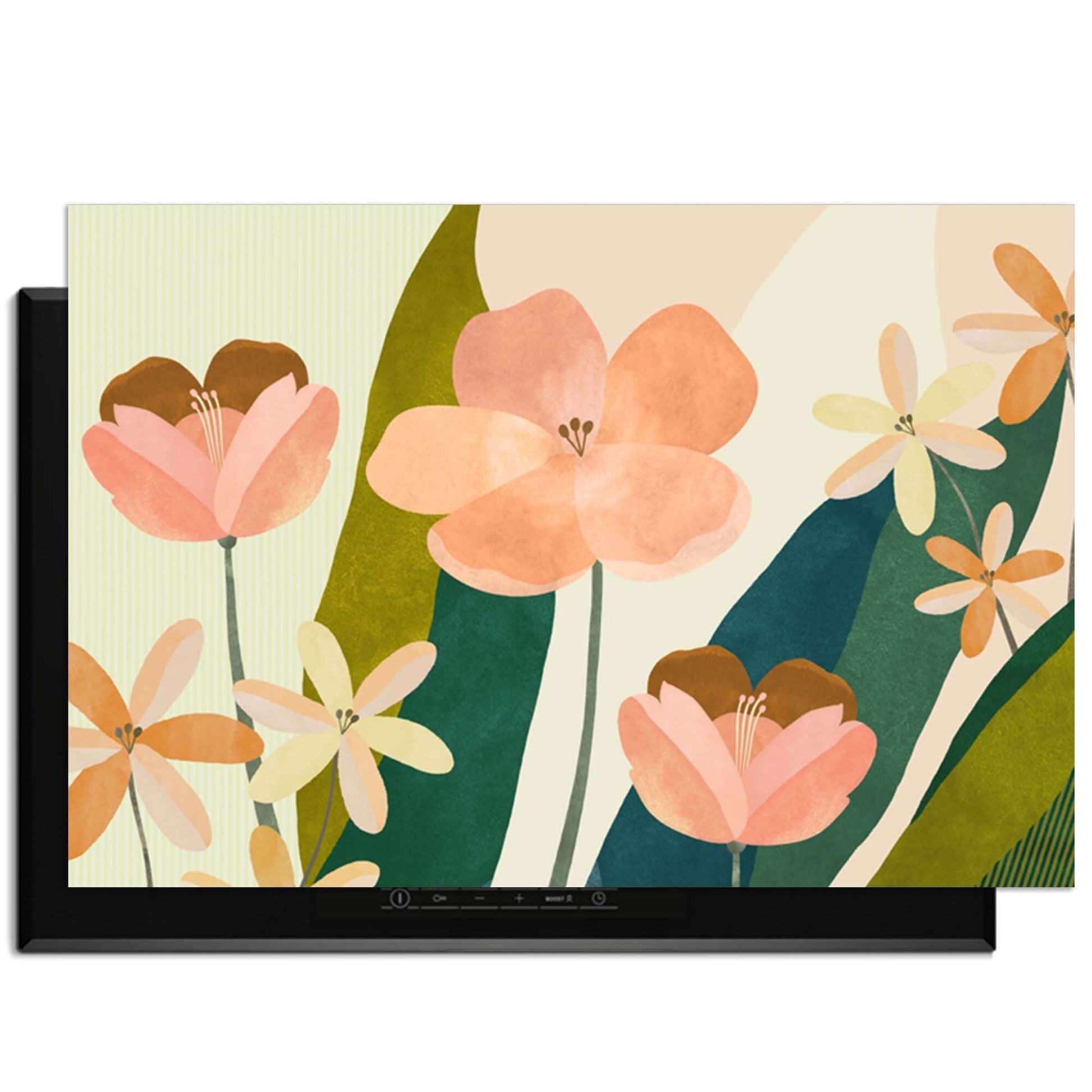 Soft Petals - Herdabdeckplatte mit pfirsich- und korallenfarbenen Blumen und grünen Blättern. Elegantes botanisches Design.