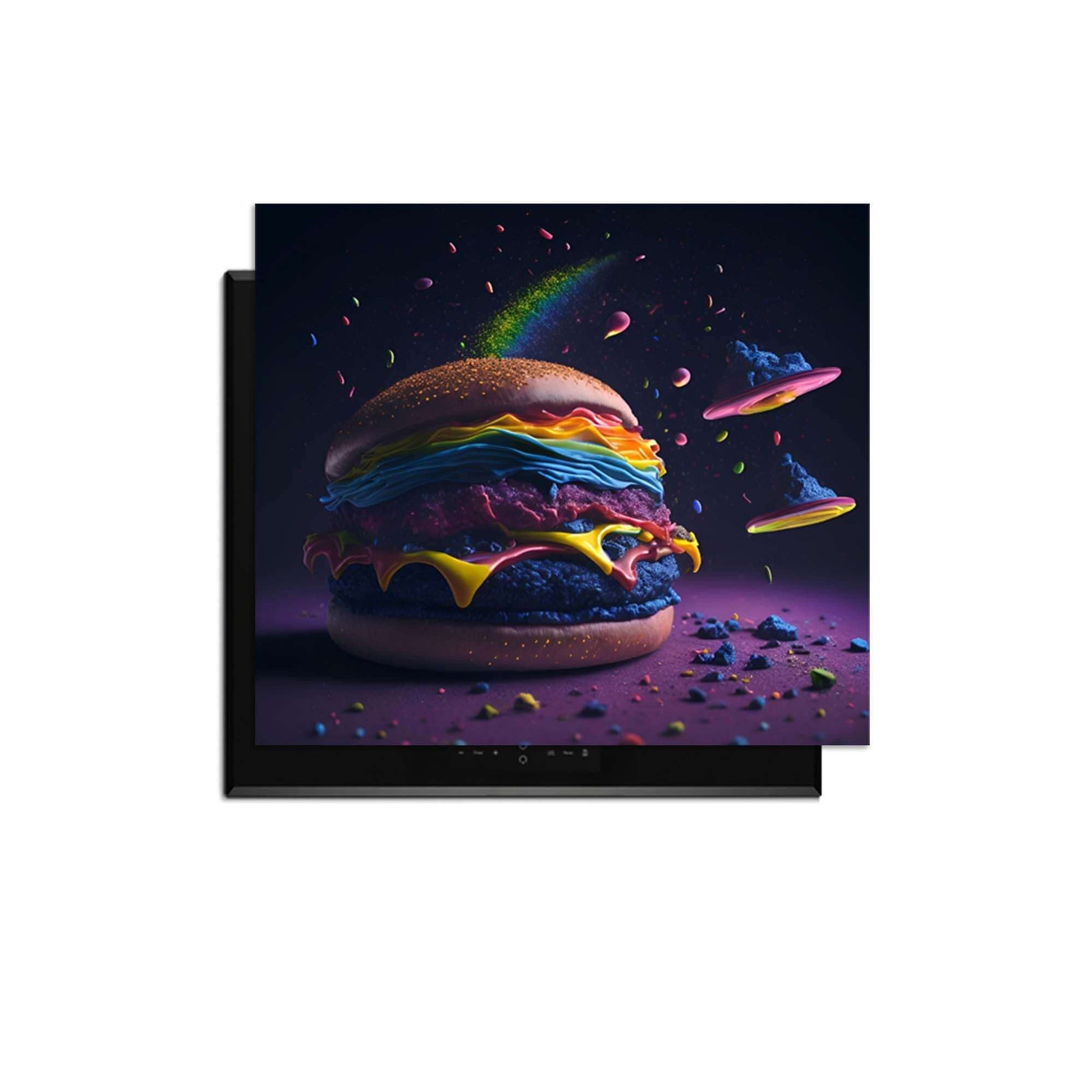 Space Burger - Herdabdeckplatte mit bunten Burgern auf einem Induktionskochfeld, kreatives und modernes Design.