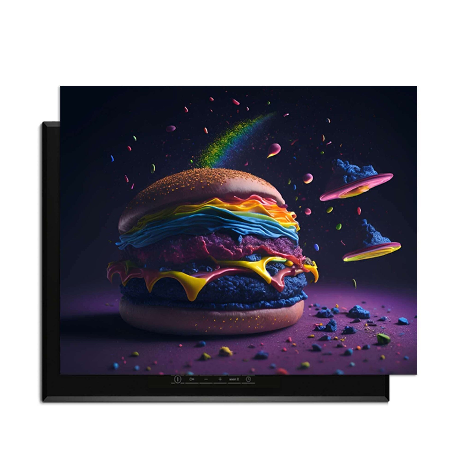 Space Burger - Herdabdeckplatte Bild mit bunten Hamburgern auf dunklem Hintergrund.