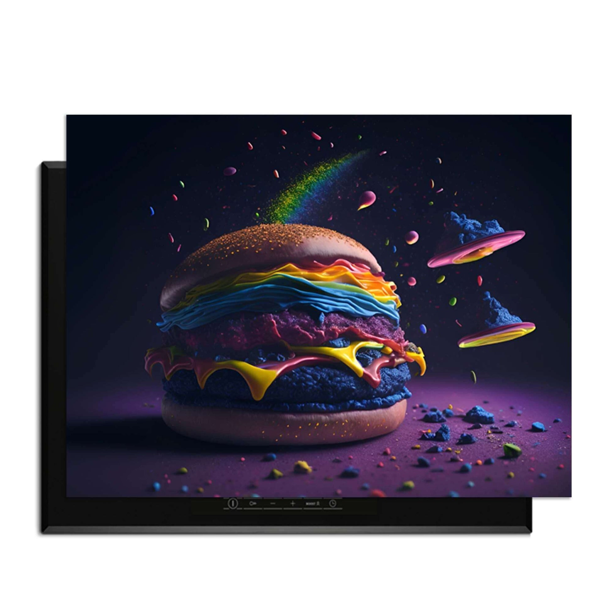 Space Burger - Herdabdeckplatte Bild mit buntem Burger und schützender Herdabdeckplatte für die Küche.