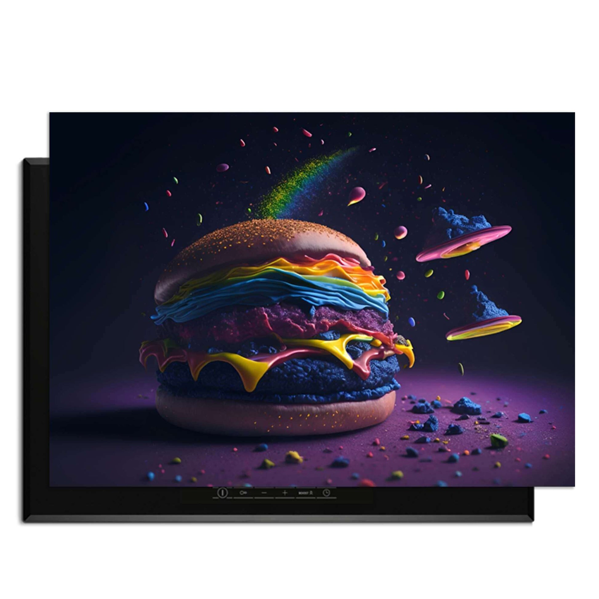 Space Burger - Herdabdeckplatte mit bunten Zutaten auf dunklem Hintergrund