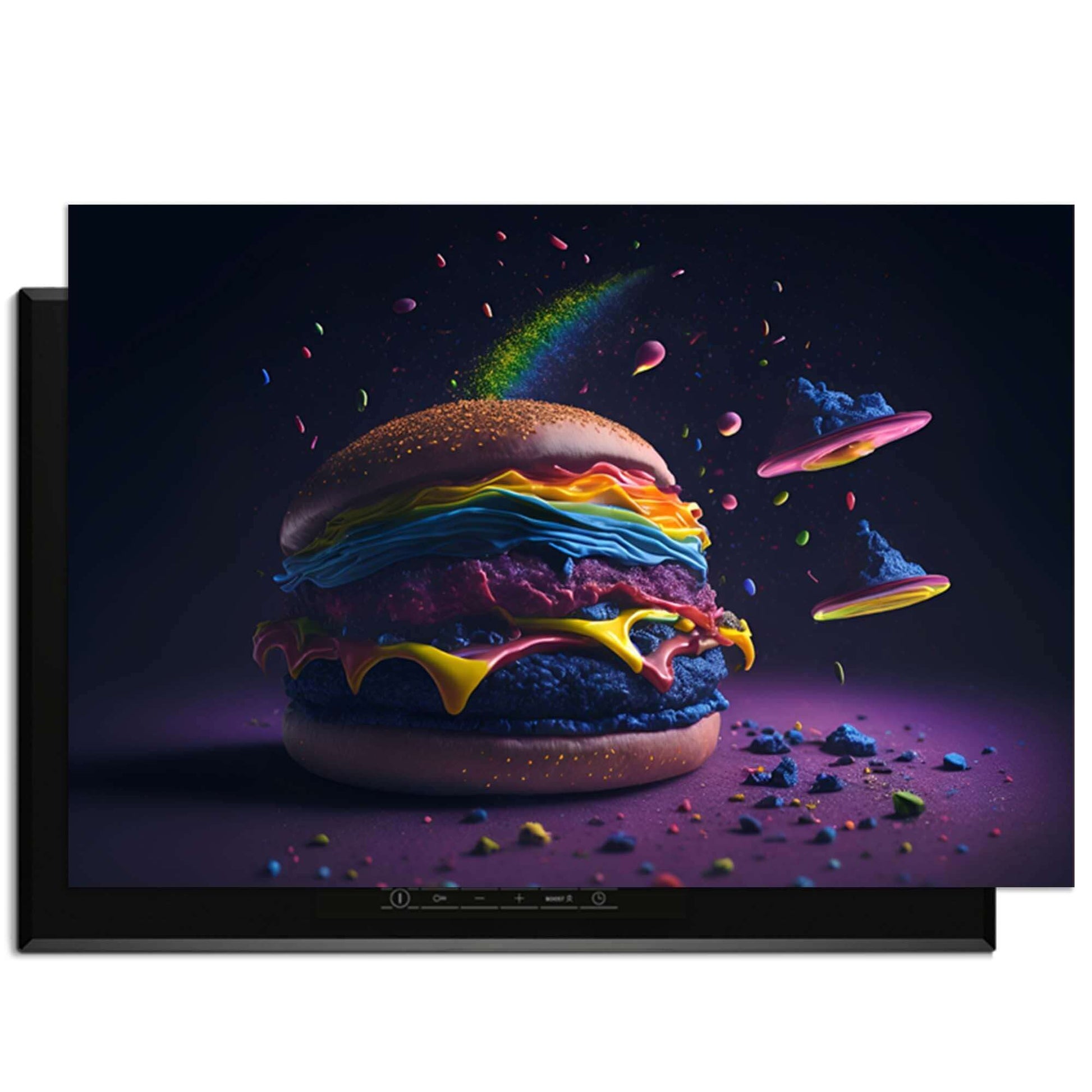 Space Burger - Herdabdeckplatte mit leuchtenden Farben und kreativer Präsentation.