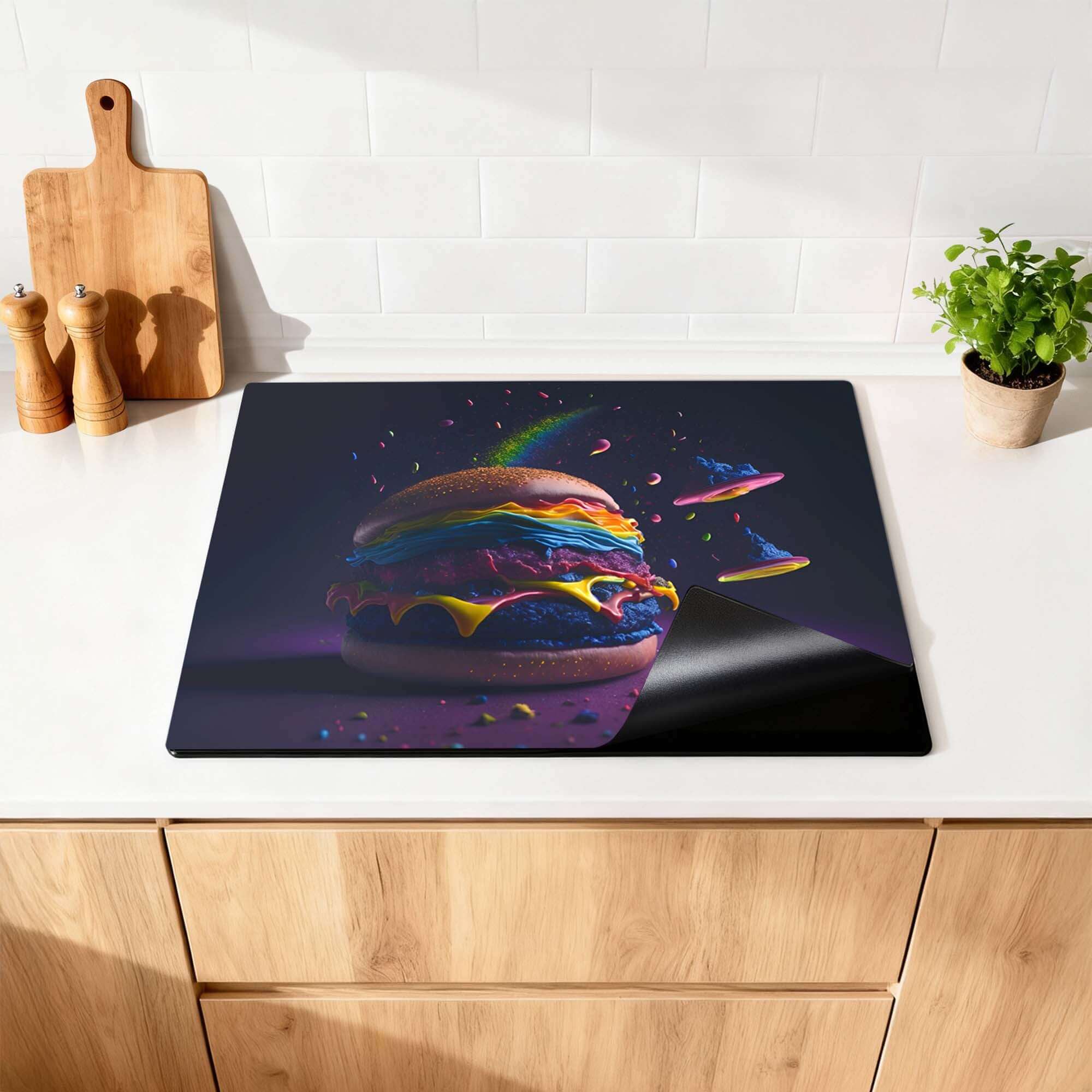Space Burger - Herdabdeckplatte auf einer modernen Küchenarbeitsplatte, schützt vor Kratzern und Abnutzung.