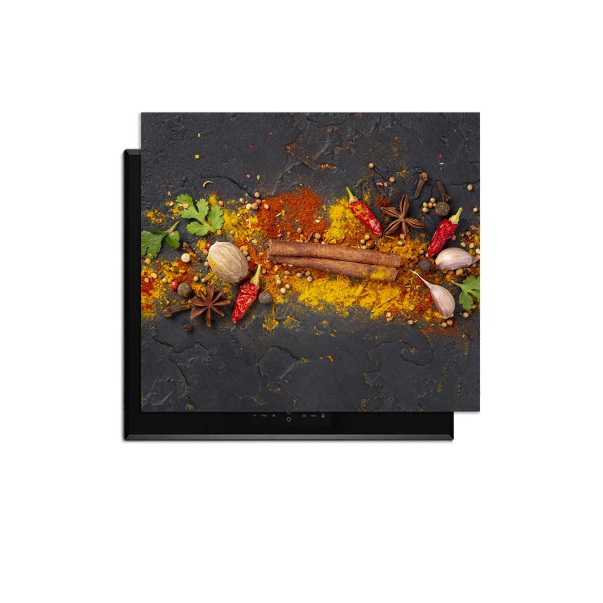 Spice Explosion - Herdabdeckplatte mit bunten Gewürzen auf einem modernen Kochfeld.