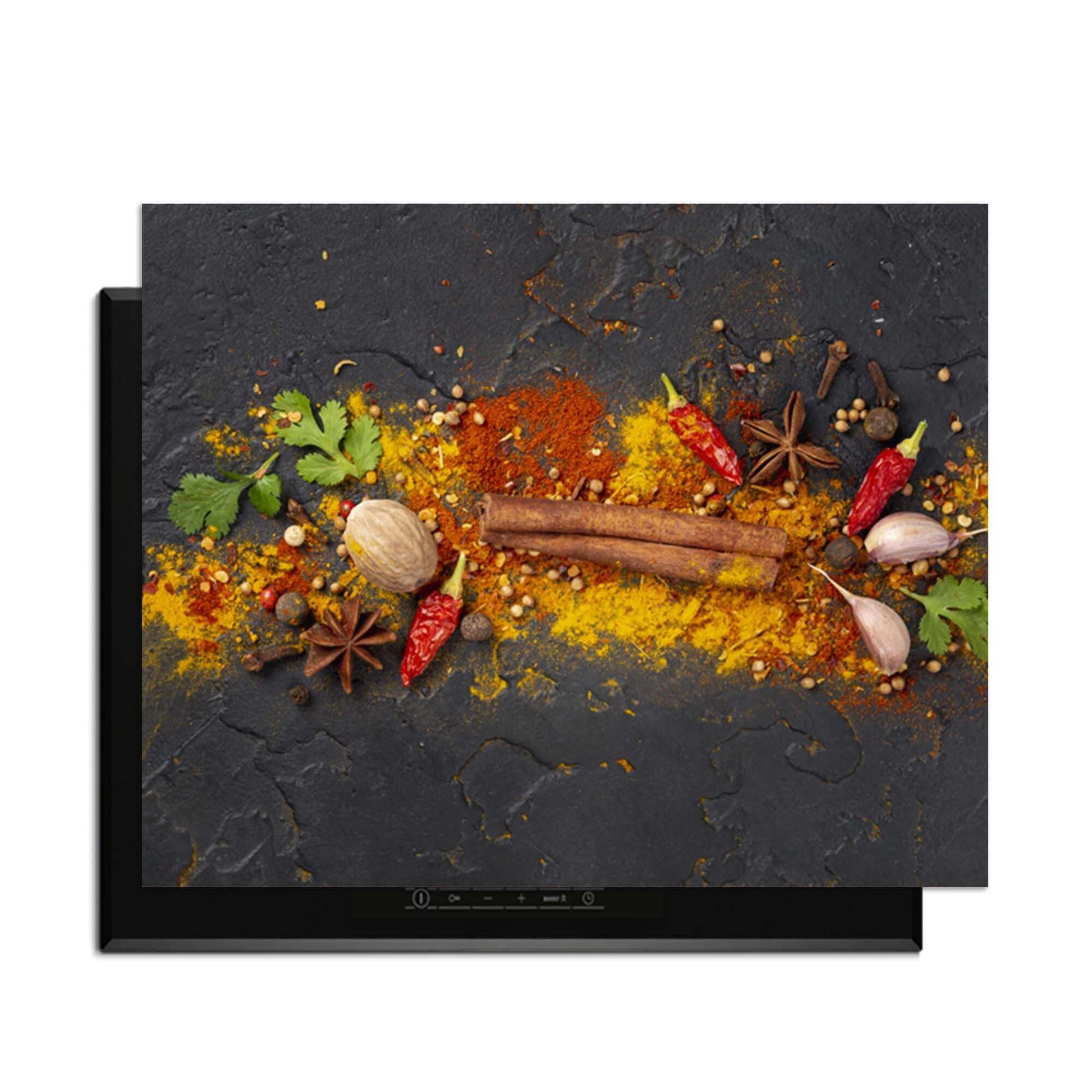 Spice Explosion - Herdabdeckplatte mit Kräutern und Gewürzen auf einem modernen Kochfeld.