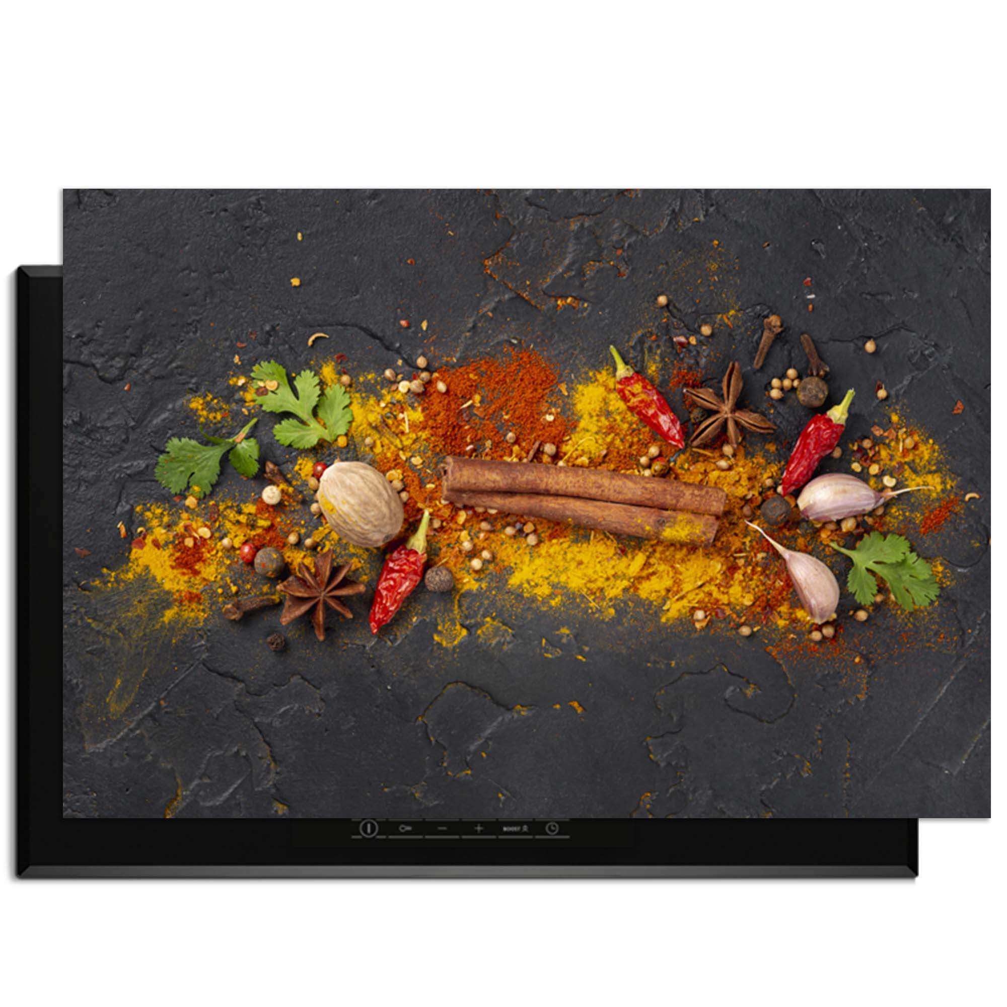Spice Explosion - Herdabdeckplatte mit bunten Gewürzen und Kräutern auf einem dunklen Hintergrund.