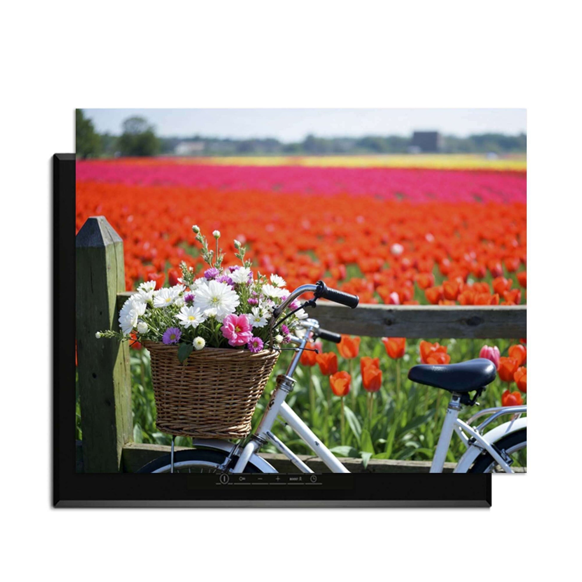 Spring Ride - Herdabdeckplatte mit blühenden Blumen und einem Fahrrad in einem bunten Tulpenfeld.