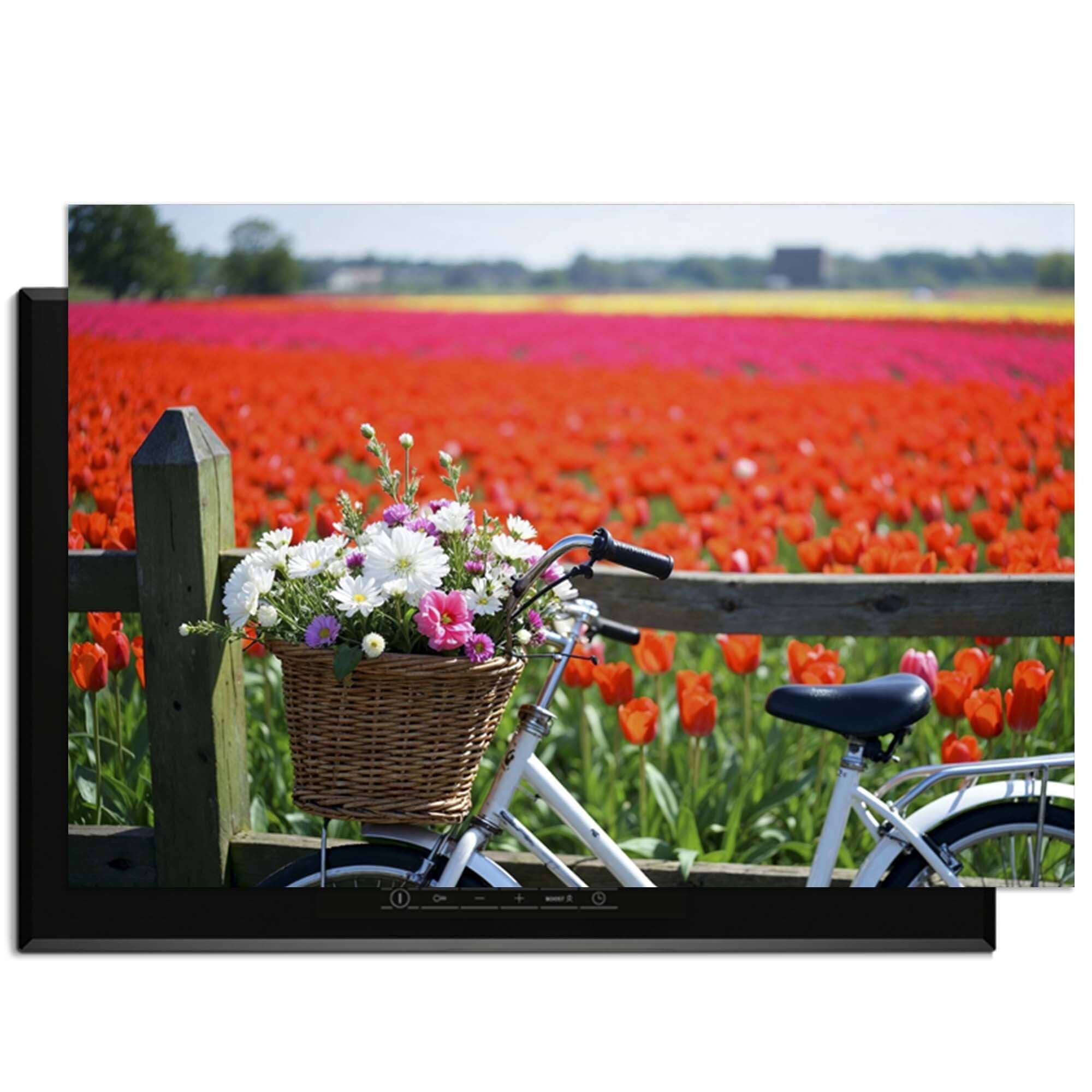 Spring Ride - Herdabdeckplatte mit Blumen und Fahrrad in einem bunten Tulpenfeld.