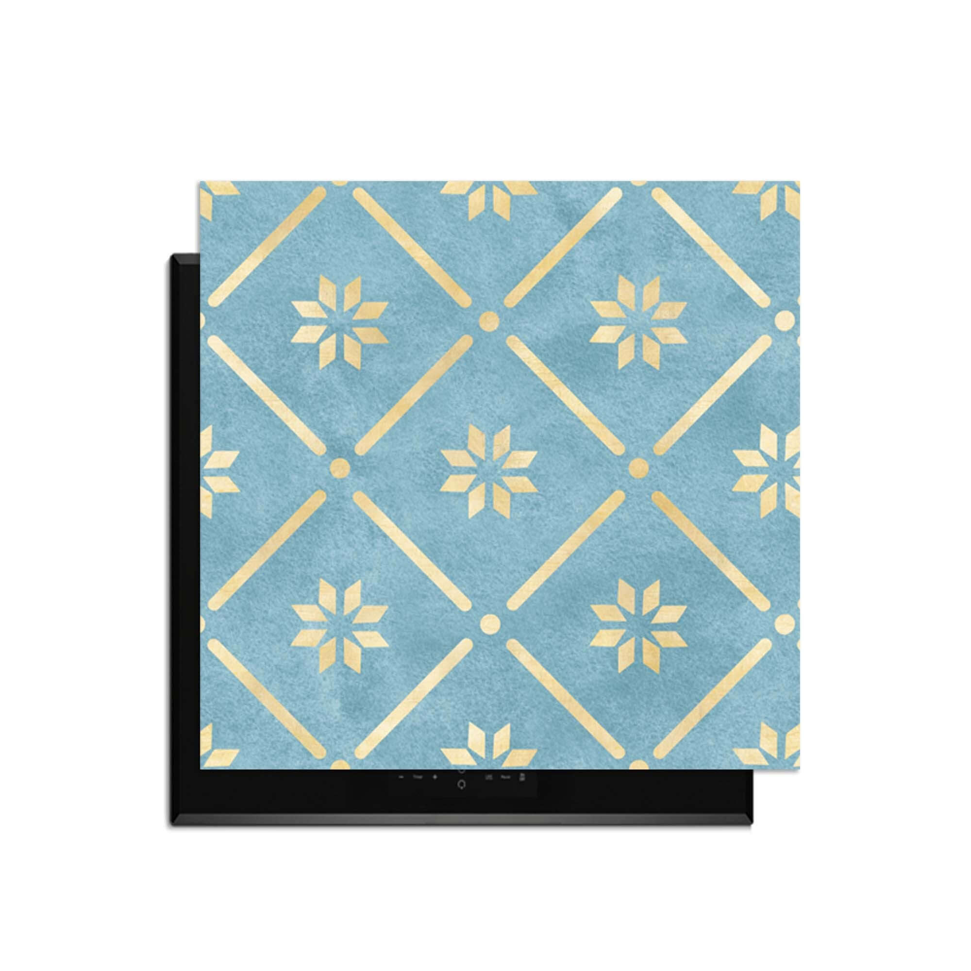 Starline Blue Tile - Herdabdeckplatte mit geometrischem Goldmuster auf blauem Hintergrund, schützt Induktionskochfelder stilvoll.