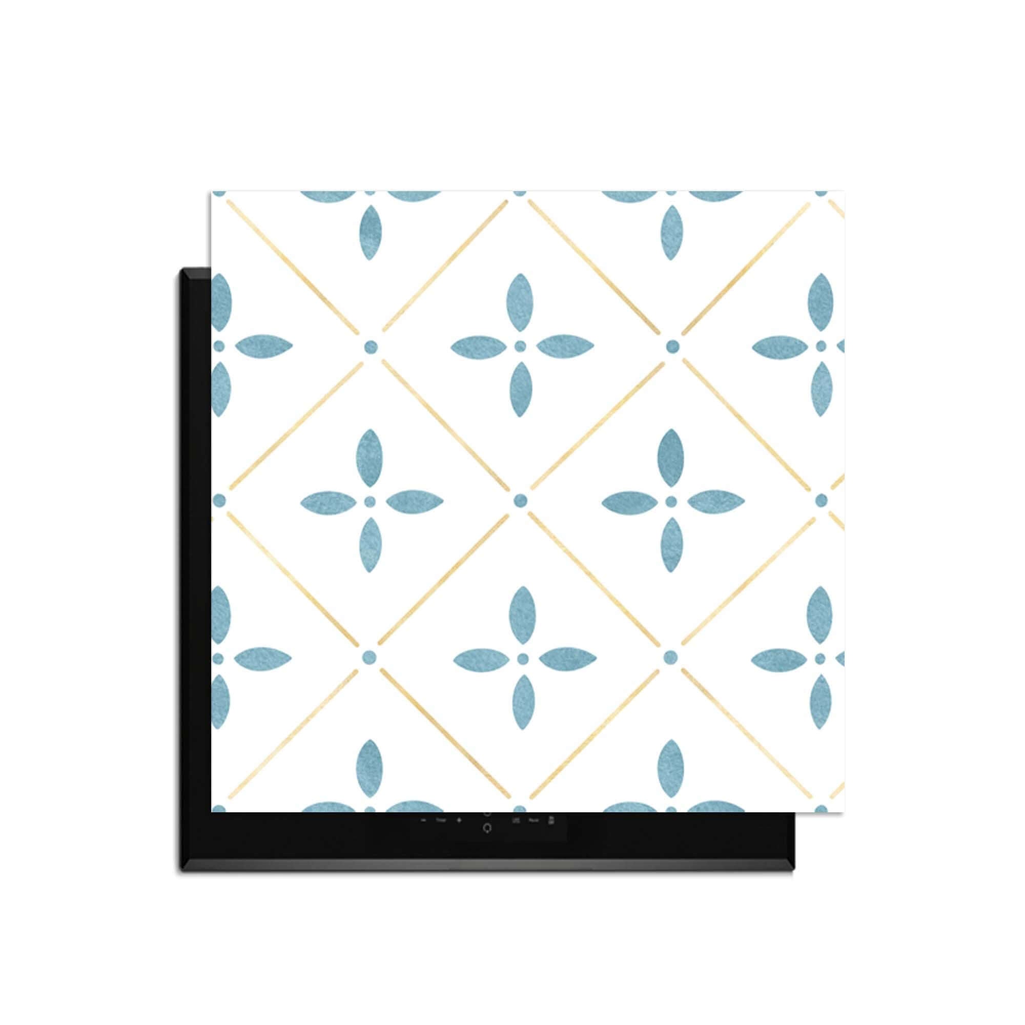 Starline White Tile - Herdabdeckplatte mit blauem Blumenmuster, goldene Linien auf Herdabdeckplatte.