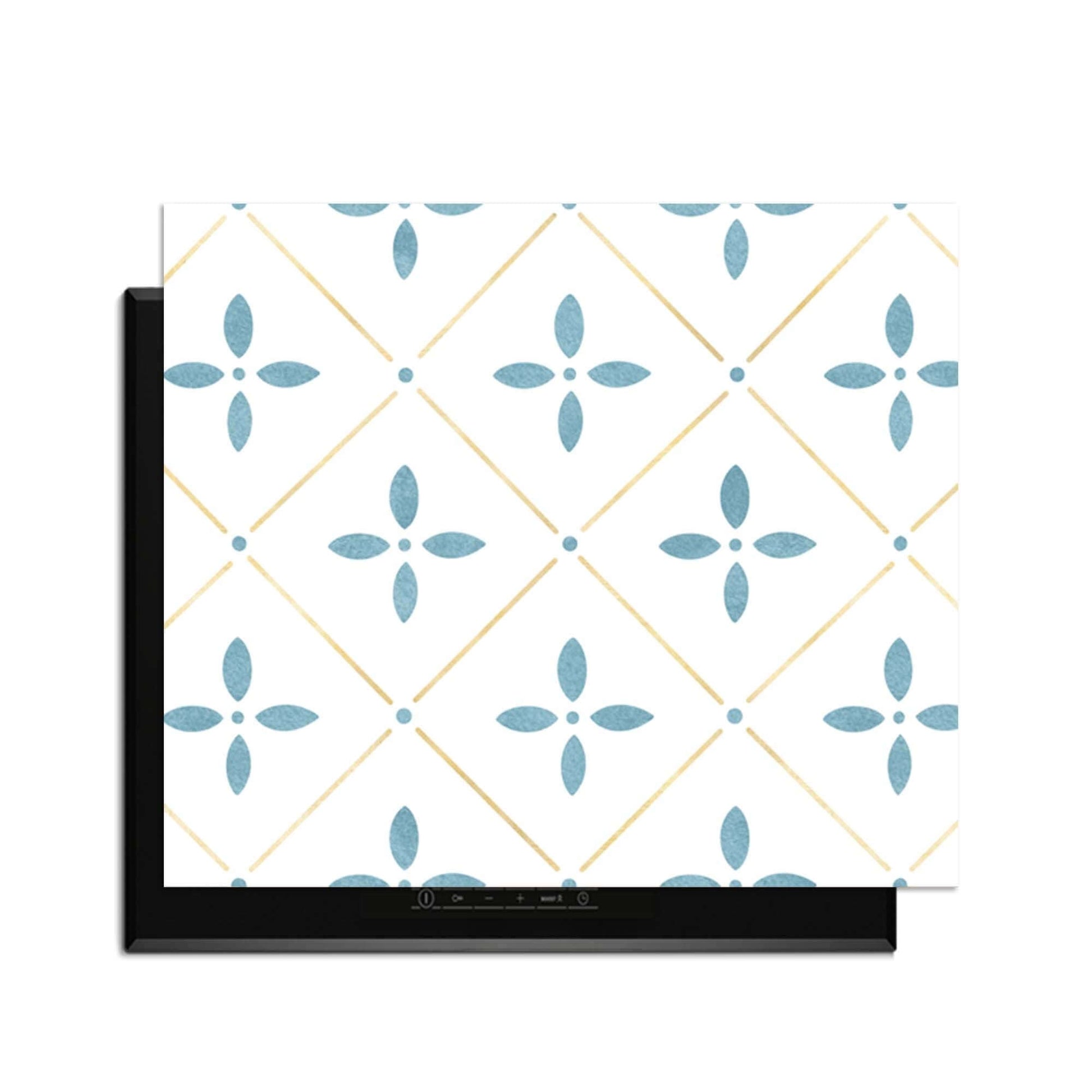 Starline White Tile - Herdabdeckplatte helles Kachelmuster mit blauen Blumendetails, Herdabdeckplatte