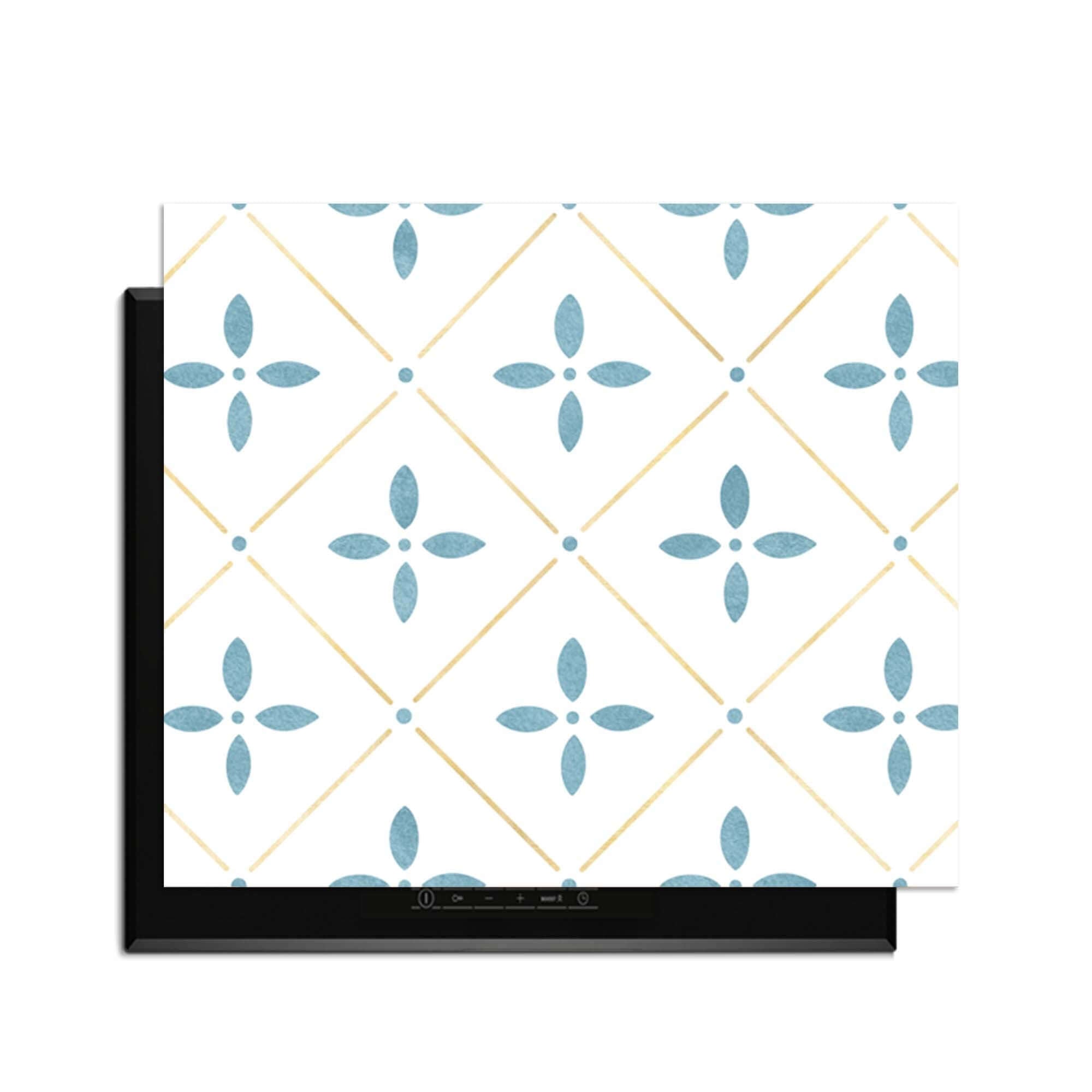 Starline White Tile - Herdabdeckplatte helles Kachelmuster mit blauen Blumendetails, Herdabdeckplatte