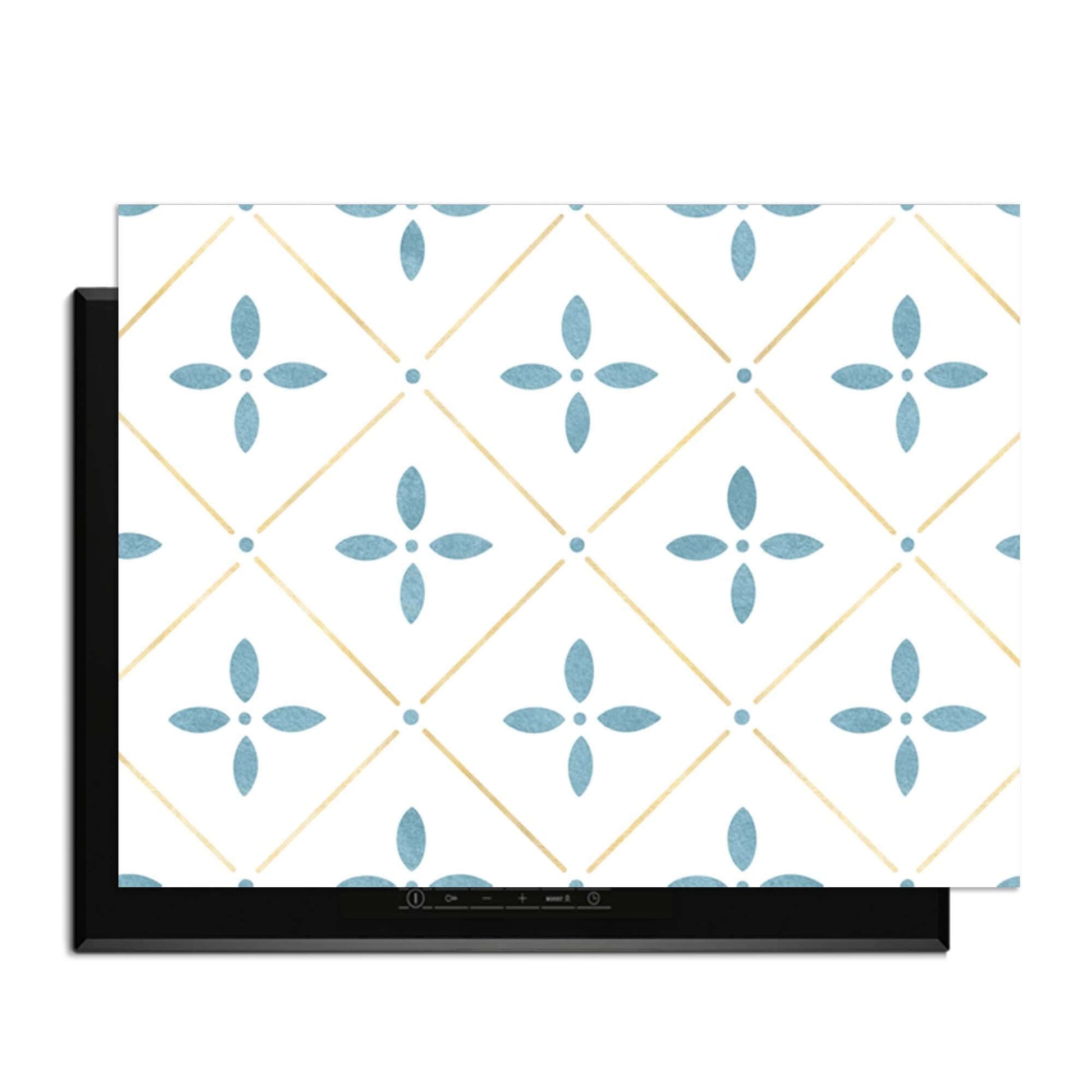 Starline White Tile - Herdabdeckplatte mit blauem Blumenmuster und goldenen Linien, ideal zum Schutz von Induktionskochfeldern.