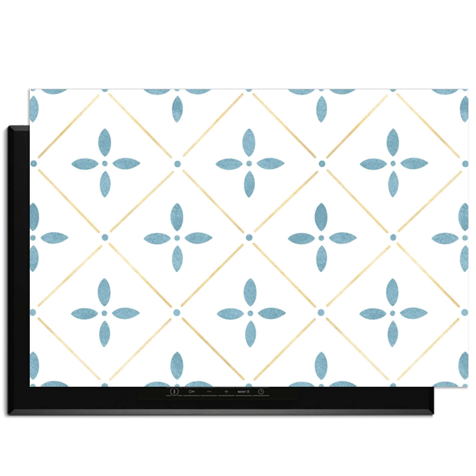 Starline White Tile - Herdabdeckplatte mit blauem Blumenmuster und goldenen Linien auf Herdabdeckplatte