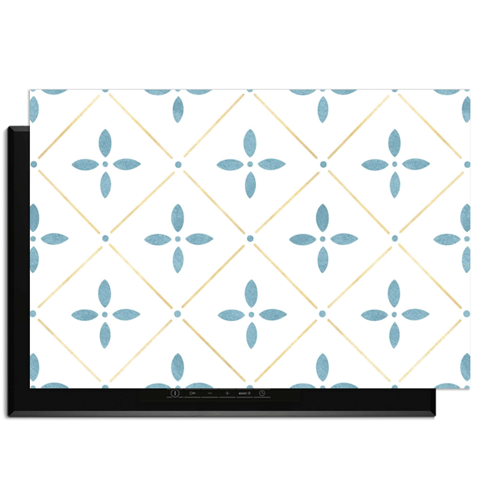 Starline White Tile - Herdabdeckplatte mit blauem Blumenmuster und goldenen Linien, Herdabdeckplatte für elegante Küchen.