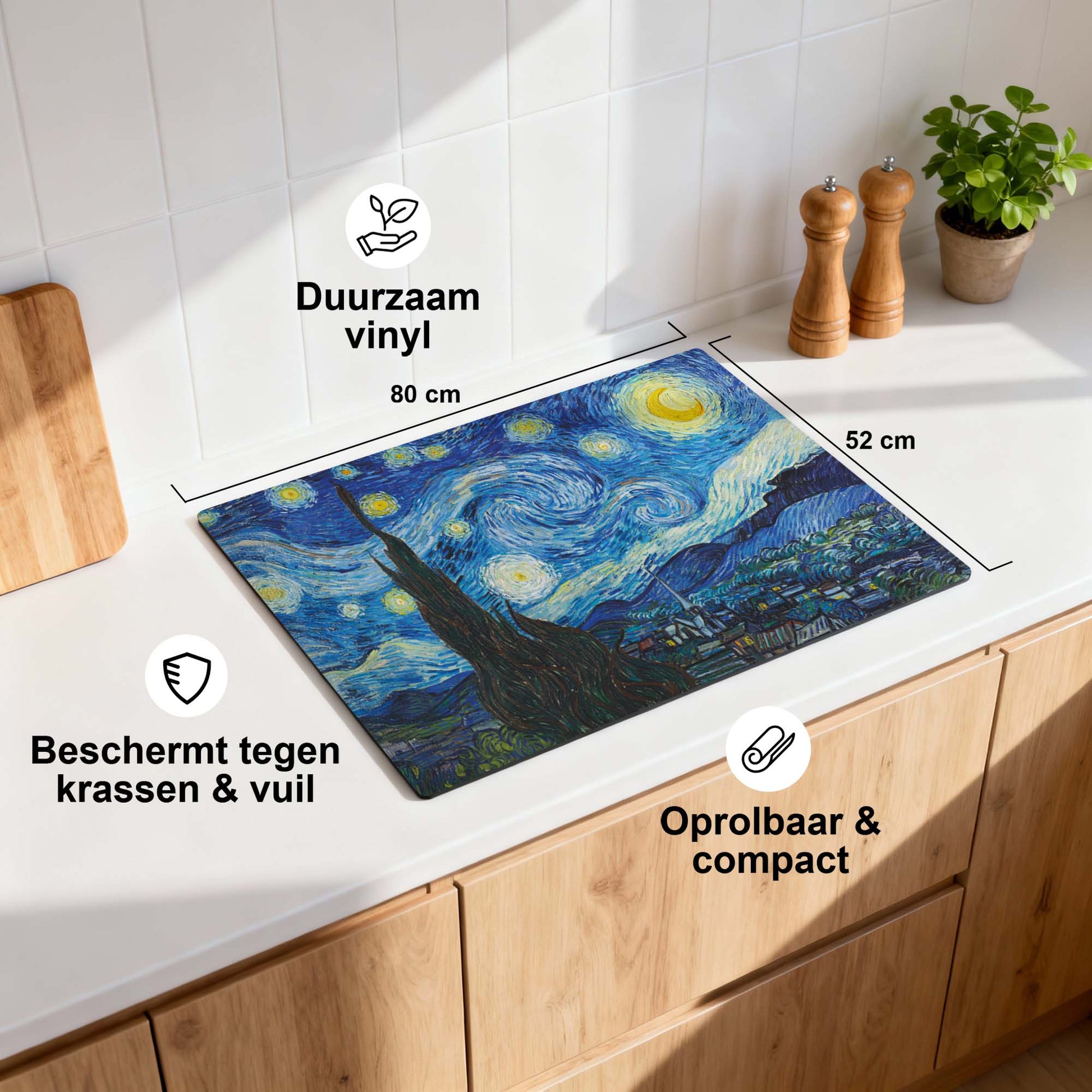 Starry Night - Herdabdeckplatte mit einem künstlerischen Sternenhimmelmotiv in einer Küche, aus strapazierfähigem Vinyl, 80x52 cm.