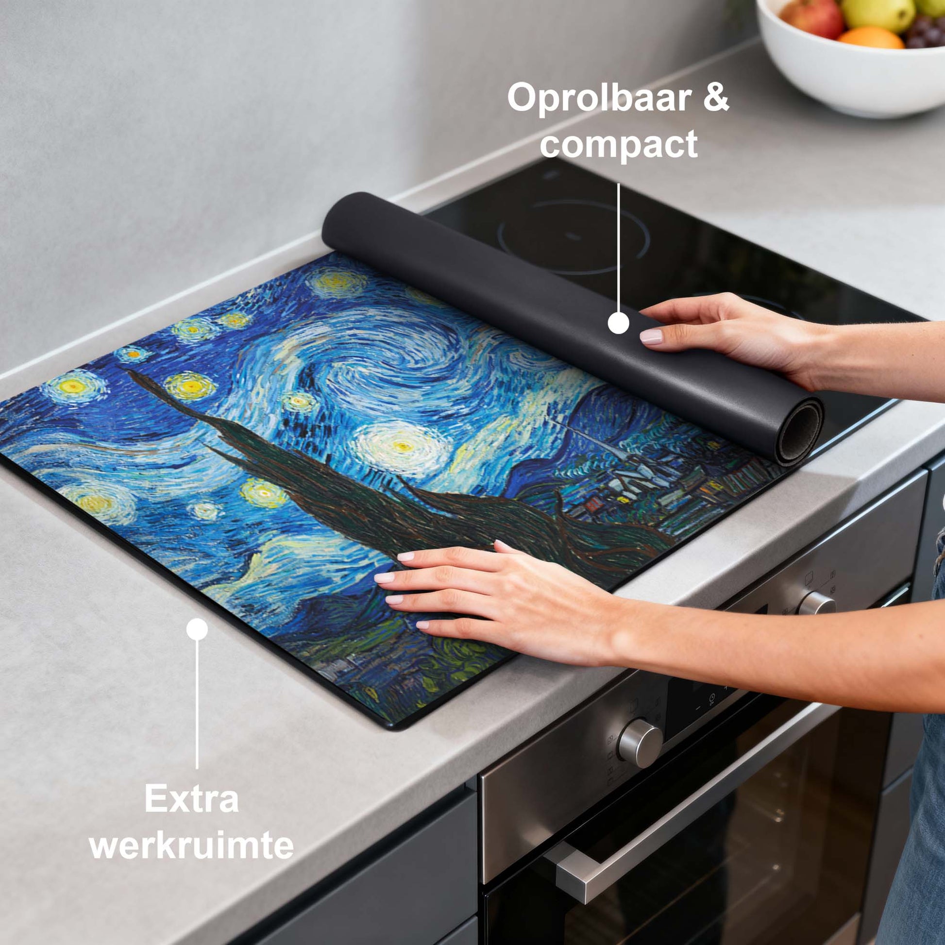 Starry Night - Herdabdeckplatte für einen kunstvollen Küchenlook und zusätzliche Arbeitsfläche, aufrollbares und kompaktes Design mit Sternennachtdruck.