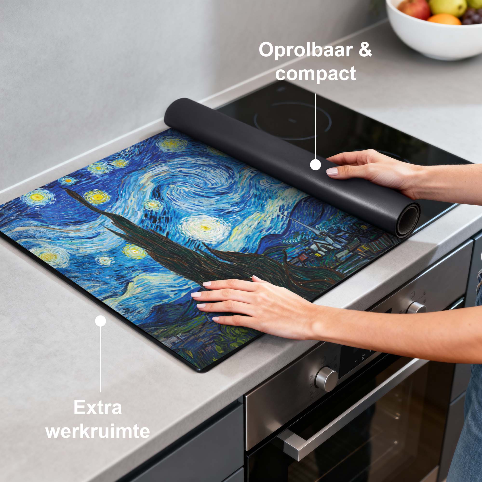 Starry Night - Herdabdeckplatte für einen kunstvollen Küchenlook und zusätzliche Arbeitsfläche, aufrollbares und kompaktes Design mit Sternennachtdruck.