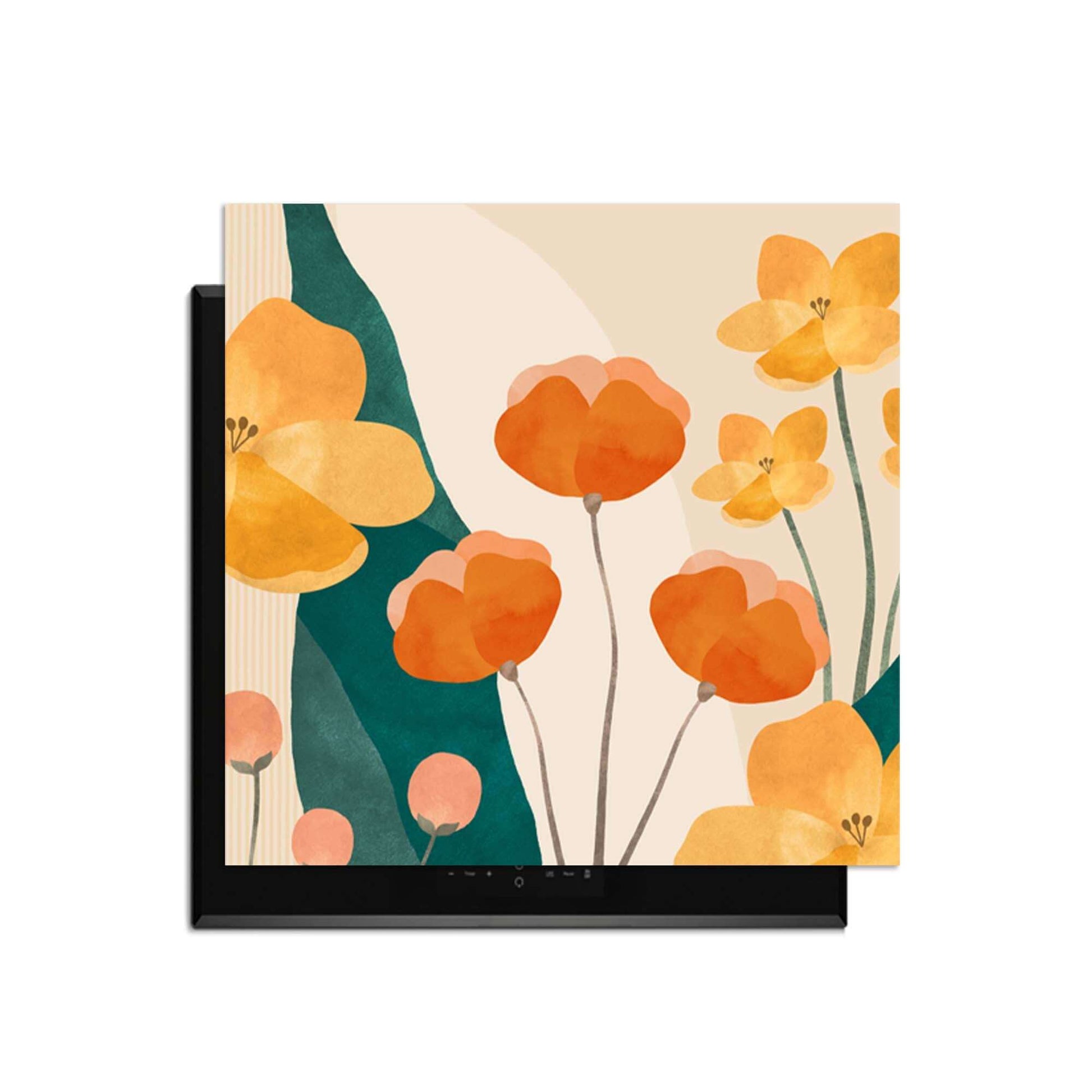 Sunny Field - Herdabdeckplatte mit gelben und orangefarbenen Blumen in verspieltem botanischem Design, stilvoll für Induktionskochfelder.