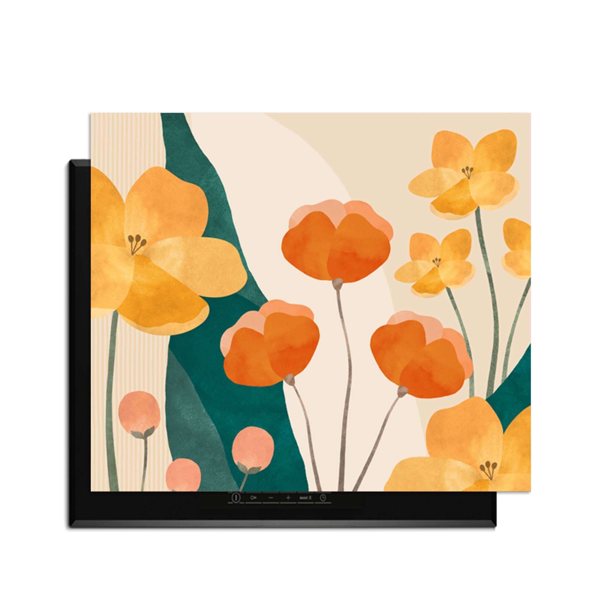 Sunny Field - Herdabdeckplatte mit gelb-orangem Blumendesign, schützt Ihr Induktionskochfeld stilvoll und bringt gute Laune in die Küche.