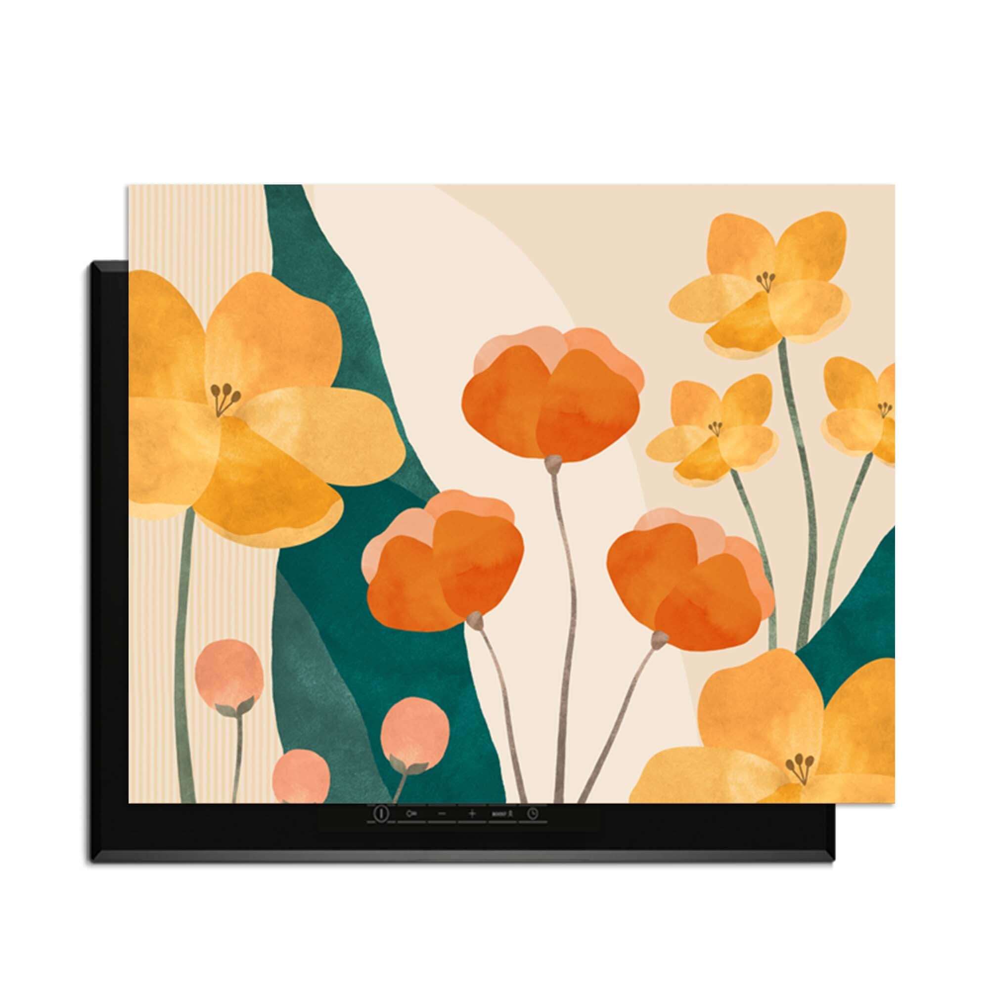 Sunny Field - Herdabdeckplatte mit gelben und orangefarbenen Blumen für stilvollen Küchenschutz.
