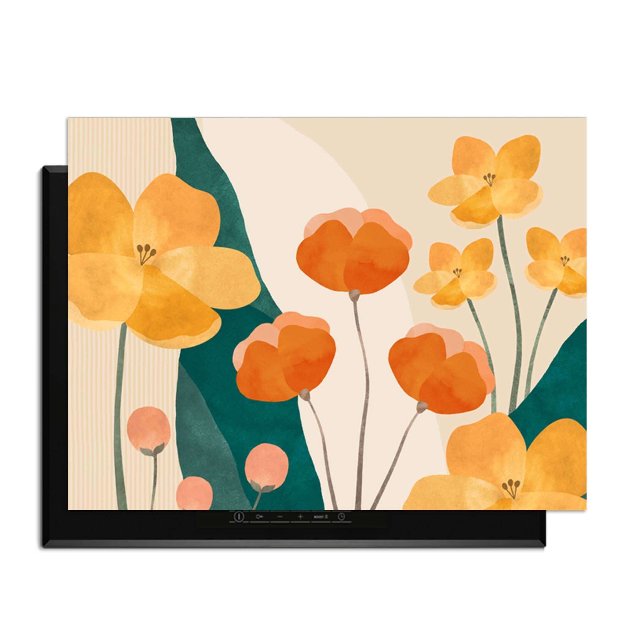 Sunny Field - Herdabdeckplatte mit gelben und orangefarbenen Blumen für stilvollen Küchenschutz.