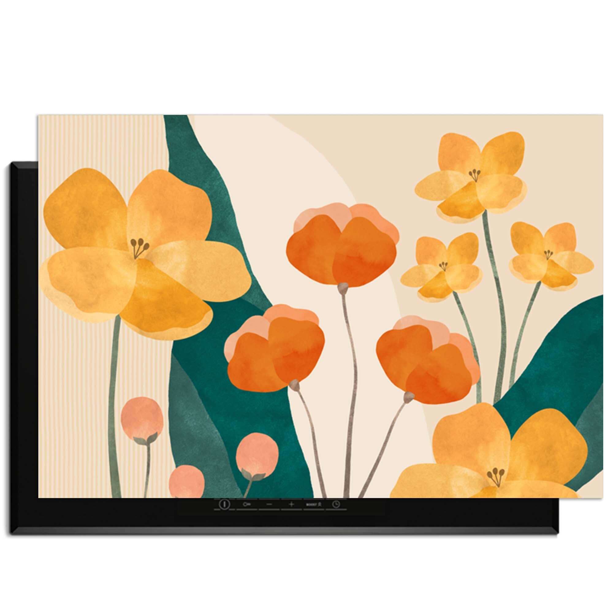 Sunny Field - Herdabdeckplatte mit gelben und orangefarbenen Blumen für stilvollen Küchenschutz.