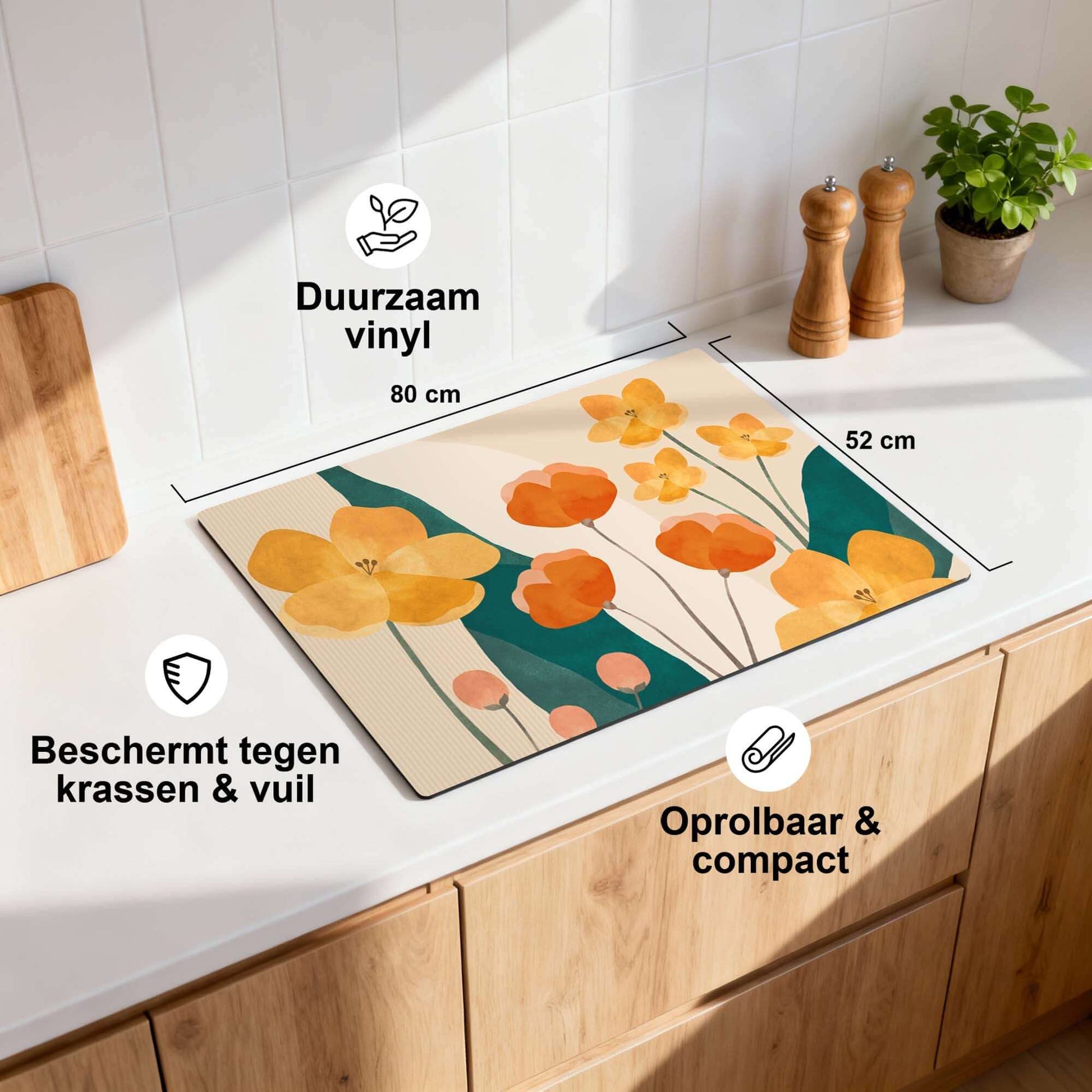 Sunny Field - Herdabdeckplatte mit warmen gelben und orangefarbenen Blumen, schützt Induktionsplatte stilvoll, langlebiges Vinylmaterial.