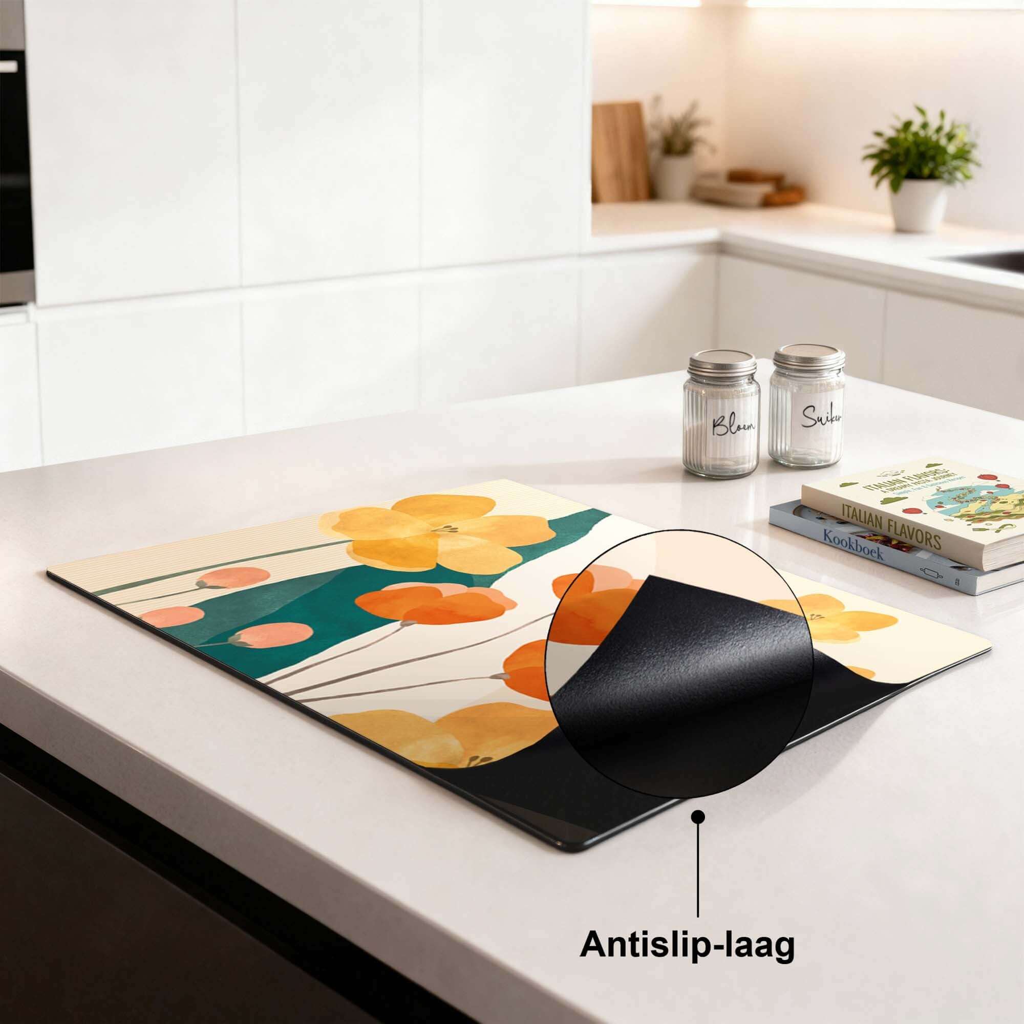 Sunny Field - Herdabdeckplatte mit warmen gelben und orangefarbenen Blumen auf der Küchenarbeitsplatte, schützt Induktionskochfelder stilvoll.