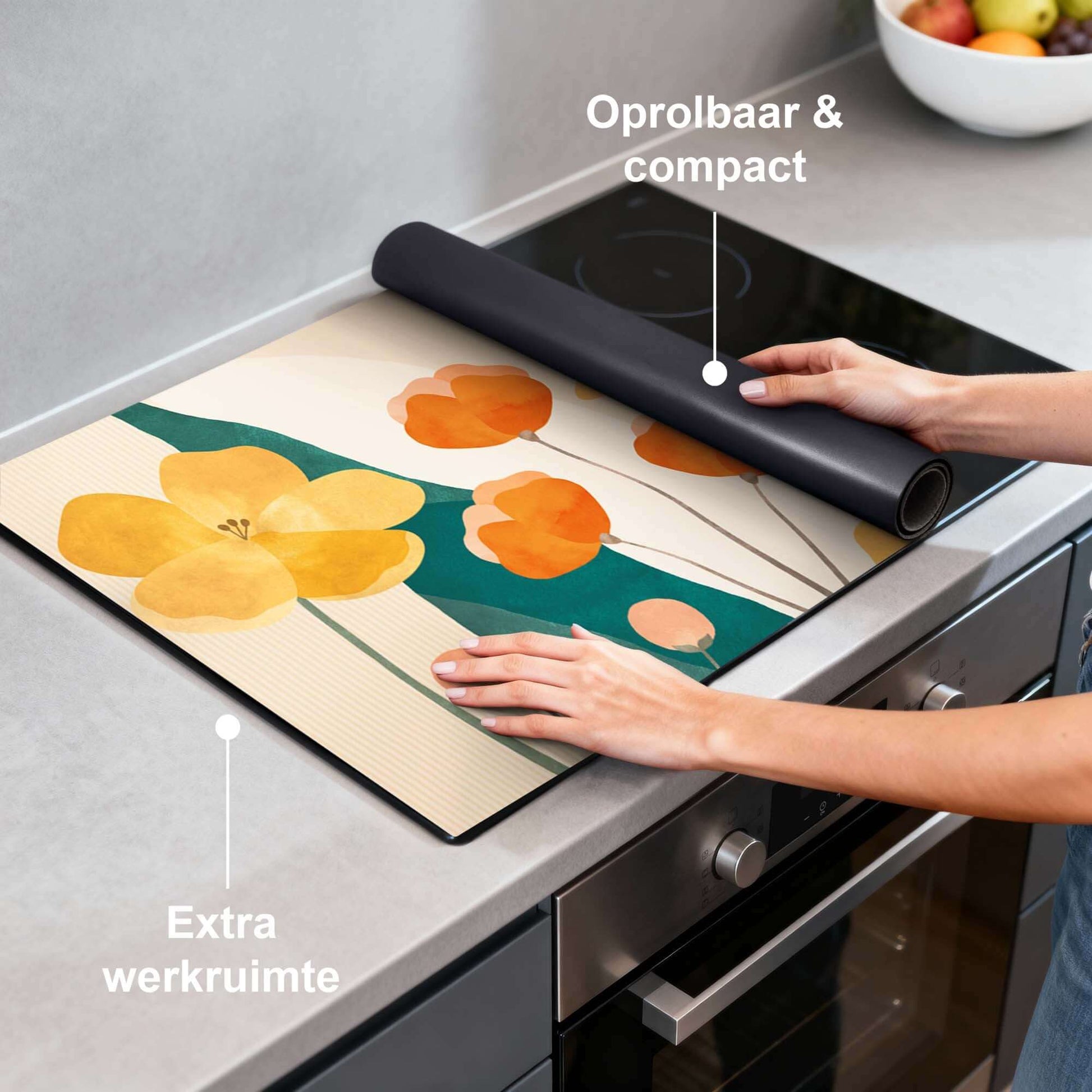Sunny Field - Herdabdeckplatte mit gelben und orangefarbenen Blumen auf der Induktionsplatte für zusätzliche Arbeitsfläche, rollbar und kompakt.