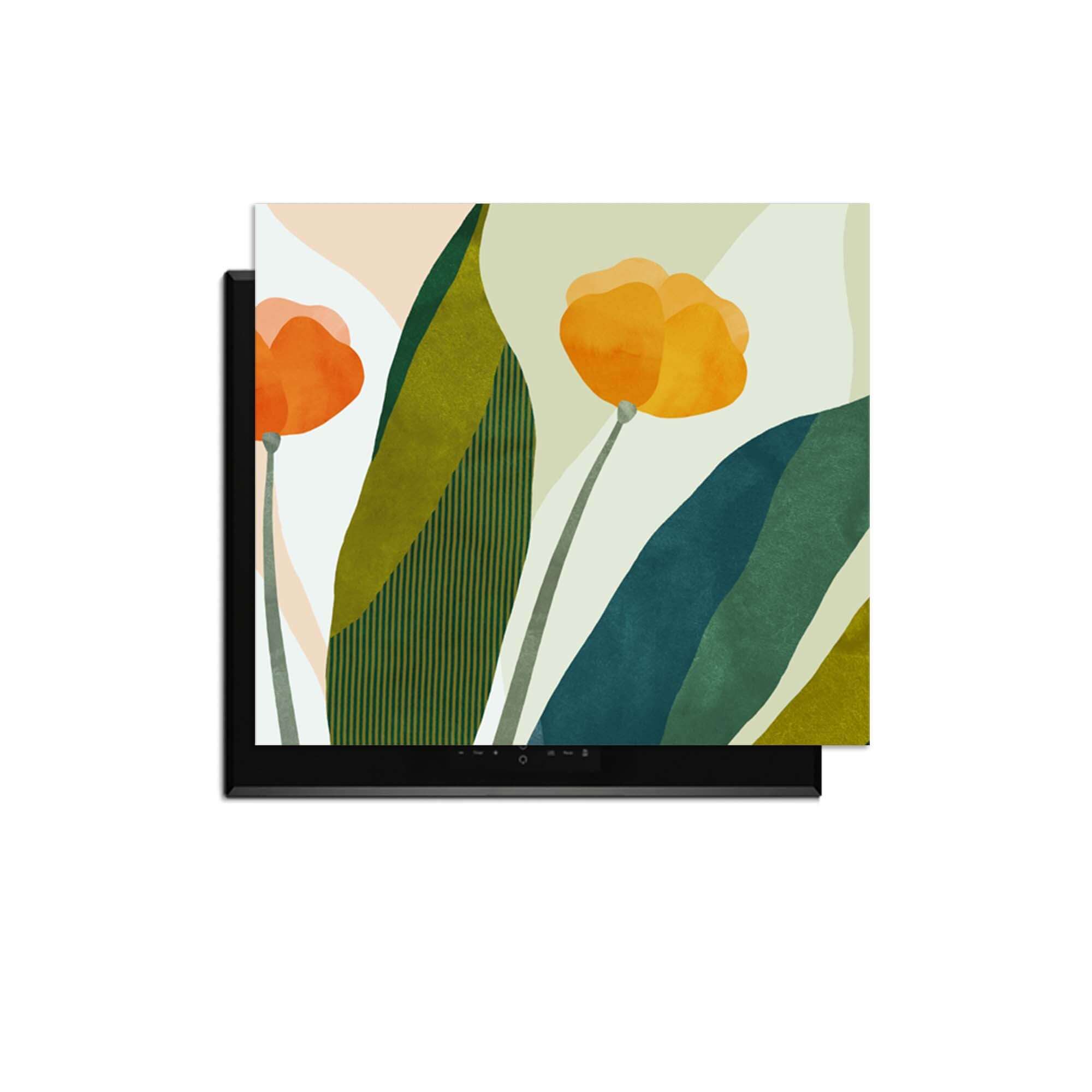 Sunset Blooms - Herdabdeckplatte mit orangefarbenen und goldenen Blumen auf botanischem Design
