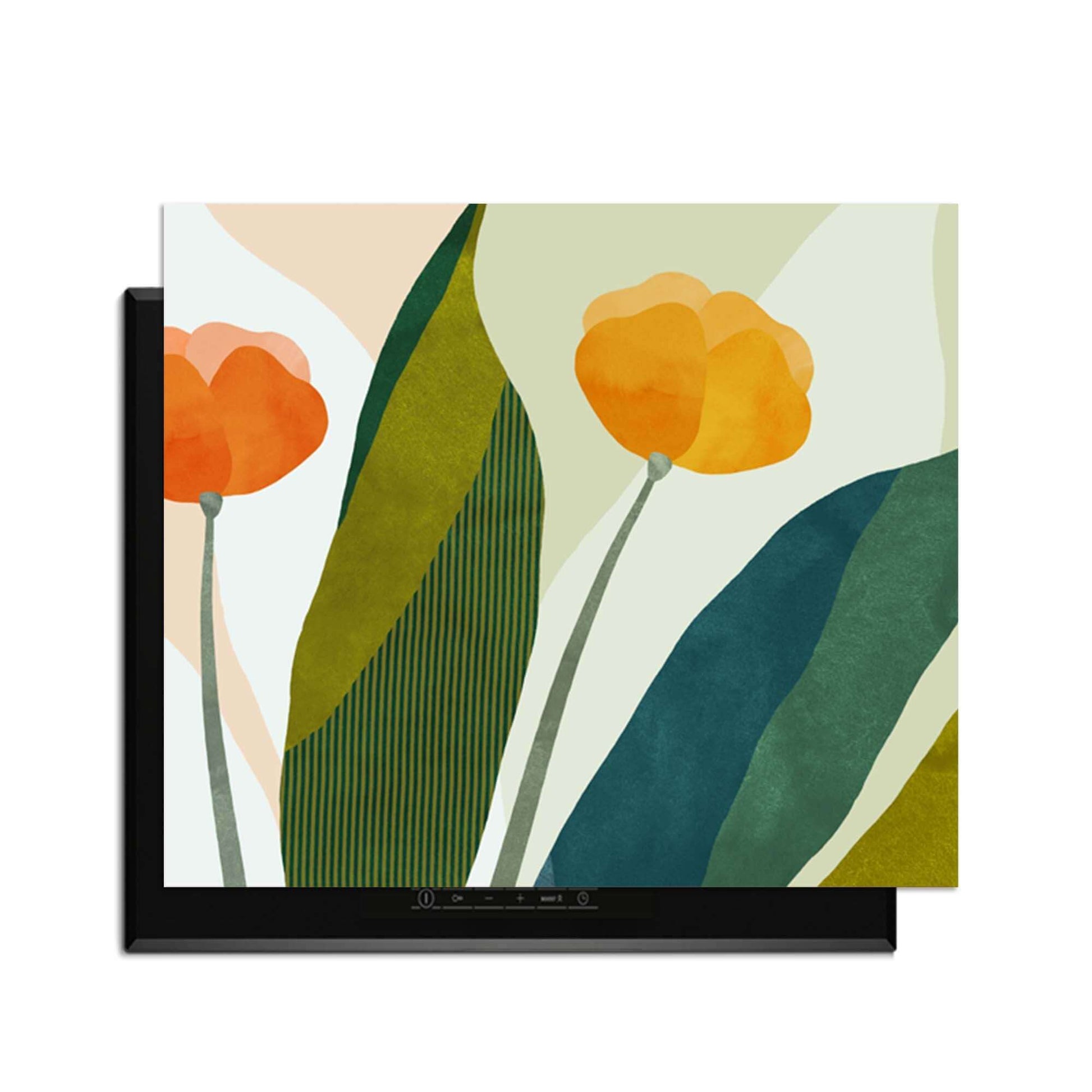 Sunset Blooms - Herdabdeckplatte mit orangefarbenen und goldenen Blumen auf grünem botanischem Design für die Küche