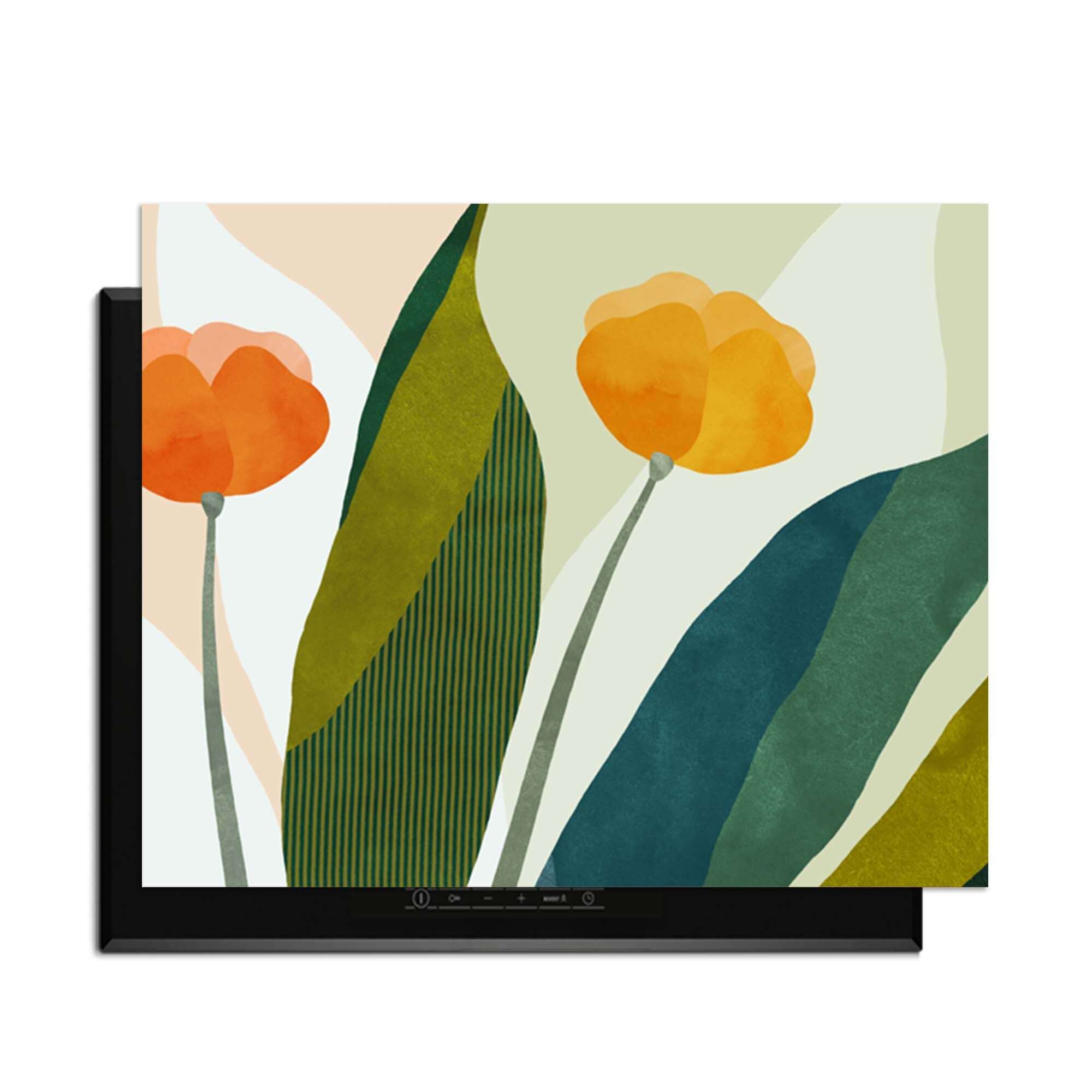 Sunset Blooms - Herdabdeckplatte mit warmen orangefarbenen und goldenen Blumen und satten Grüntönen, botanisches Küchendesign.