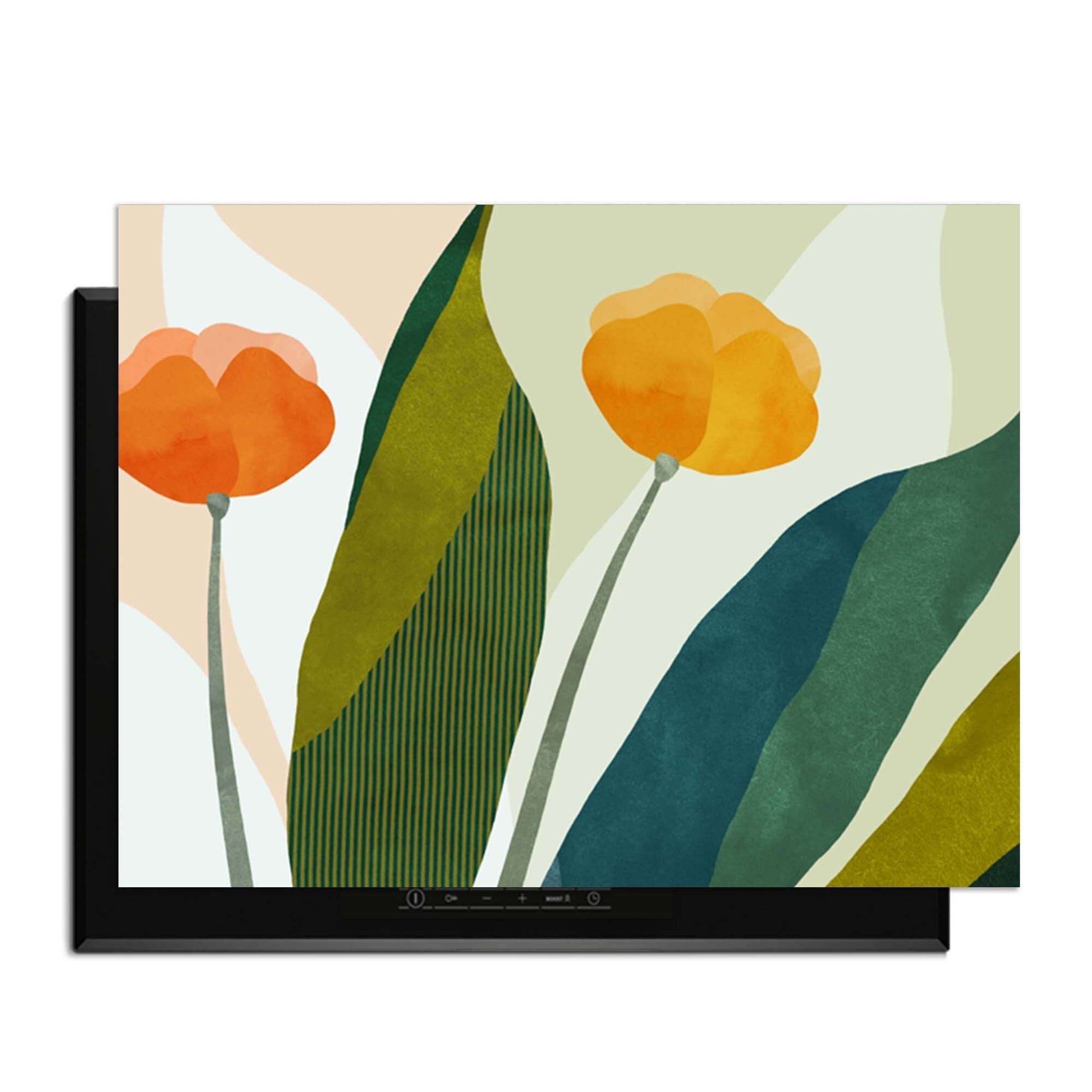 Sunset Blooms - Herdabdeckplatte mit orangefarbenen Blumen und grünen Blättern für stilvollen Küchenschutz