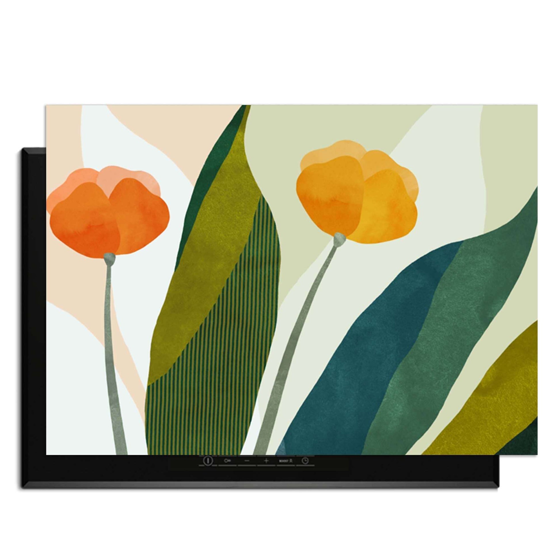 Sunset Blooms - Herdabdeckplatte mit orangefarbenen und goldenen Blumen und grünen Blättern, botanisches Design für die Küche.