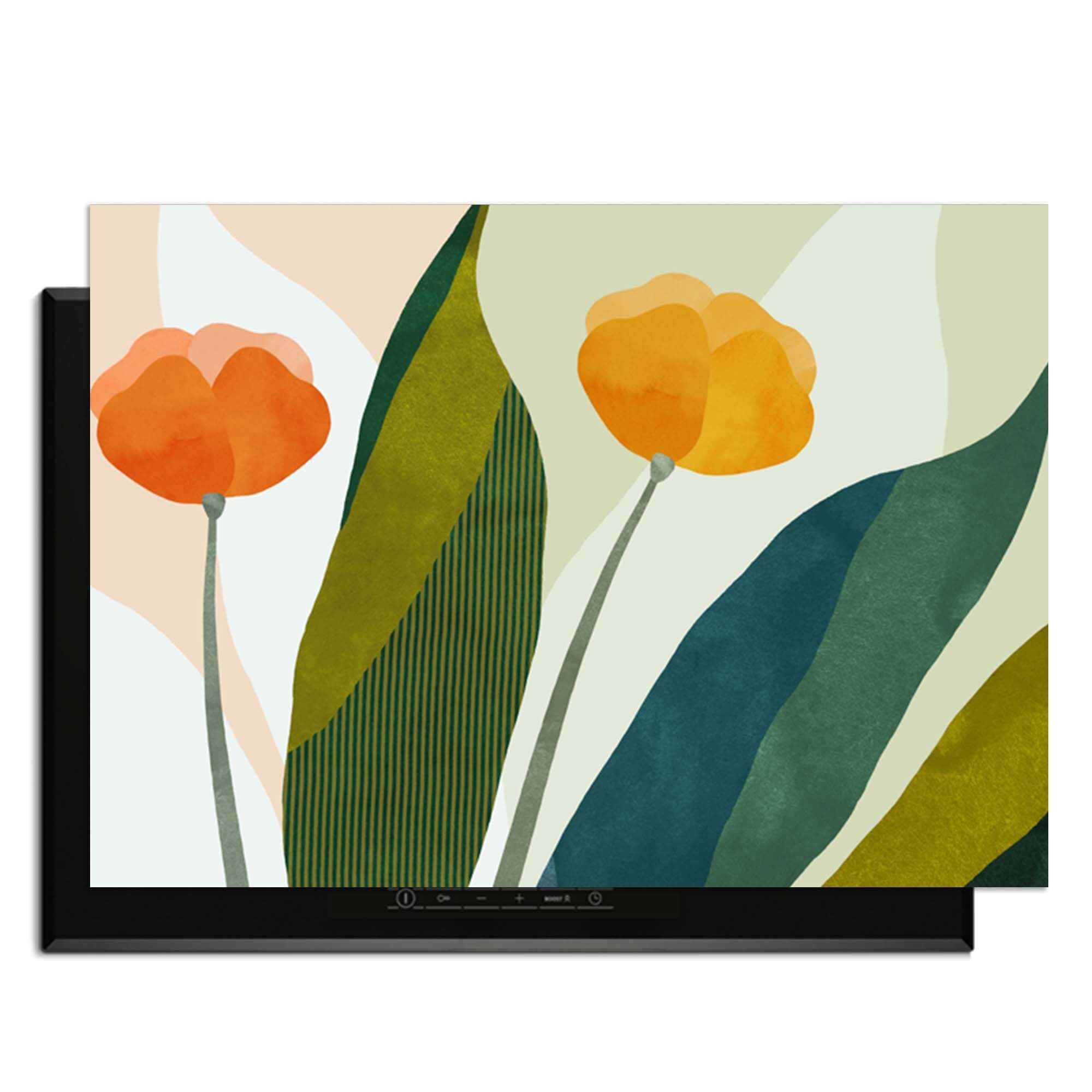 Sunset Blooms - Herdabdeckplatte mit orangefarbenen und goldenen Blumen und grünen Blättern, botanisches Design für die Küche.