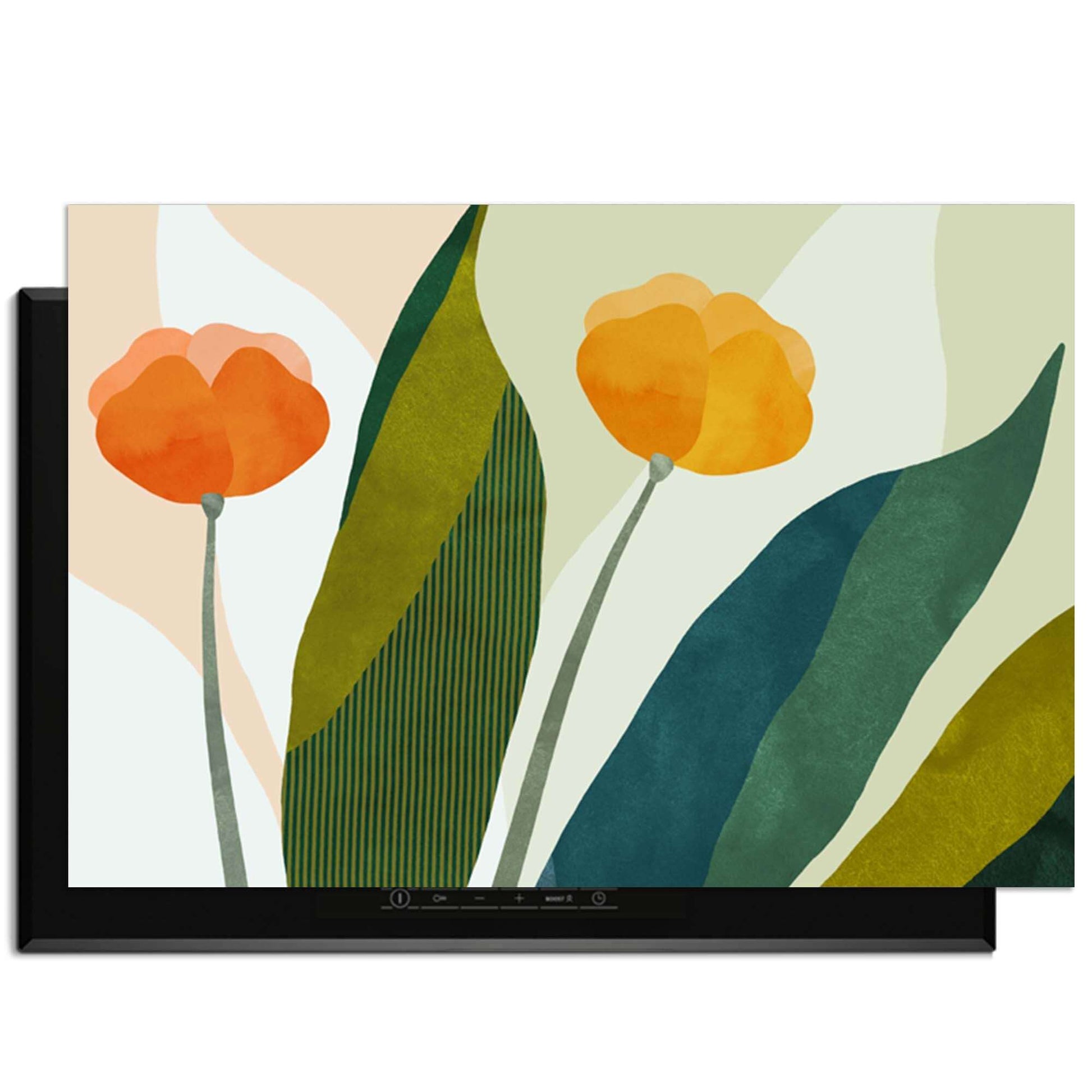 Sunset Blooms - Herdabdeckplatte mit orangefarbenen Blumen und grünen Blättern, stilvolles botanisches Design für die Küche.