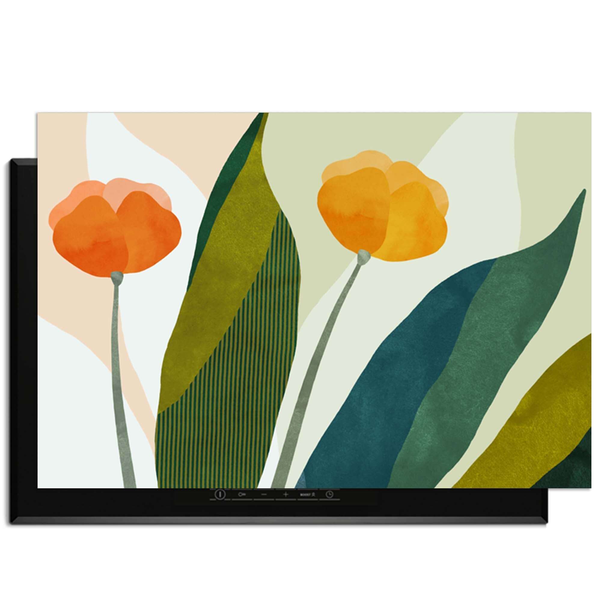 Sunset Blooms - Herdabdeckplatte mit orange-goldenem Blumendesign, kombiniert mit grünen Blättern für einen rustikalen Küchenstil.