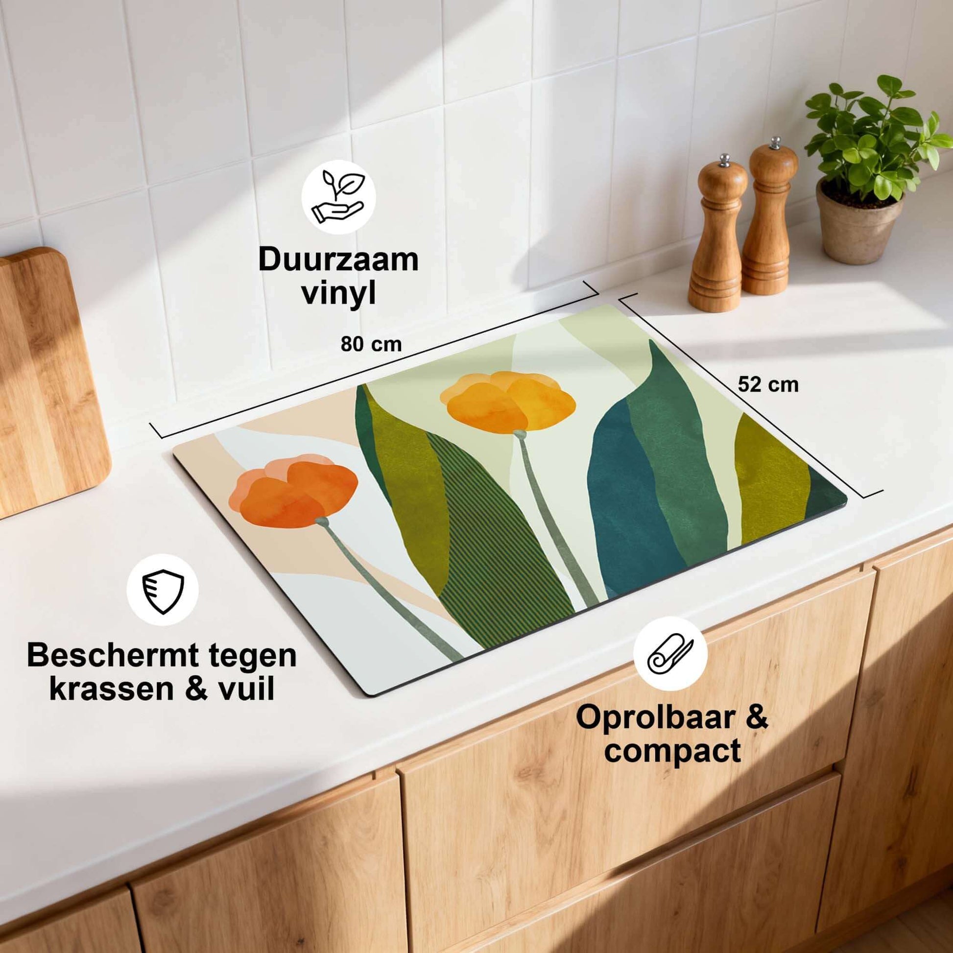 Sunset Blooms - Herdabdeckplatte mit orange-goldenem Blumenmuster auf der Küchenarbeitsplatte, schützt vor Kratzern und Schmutz.