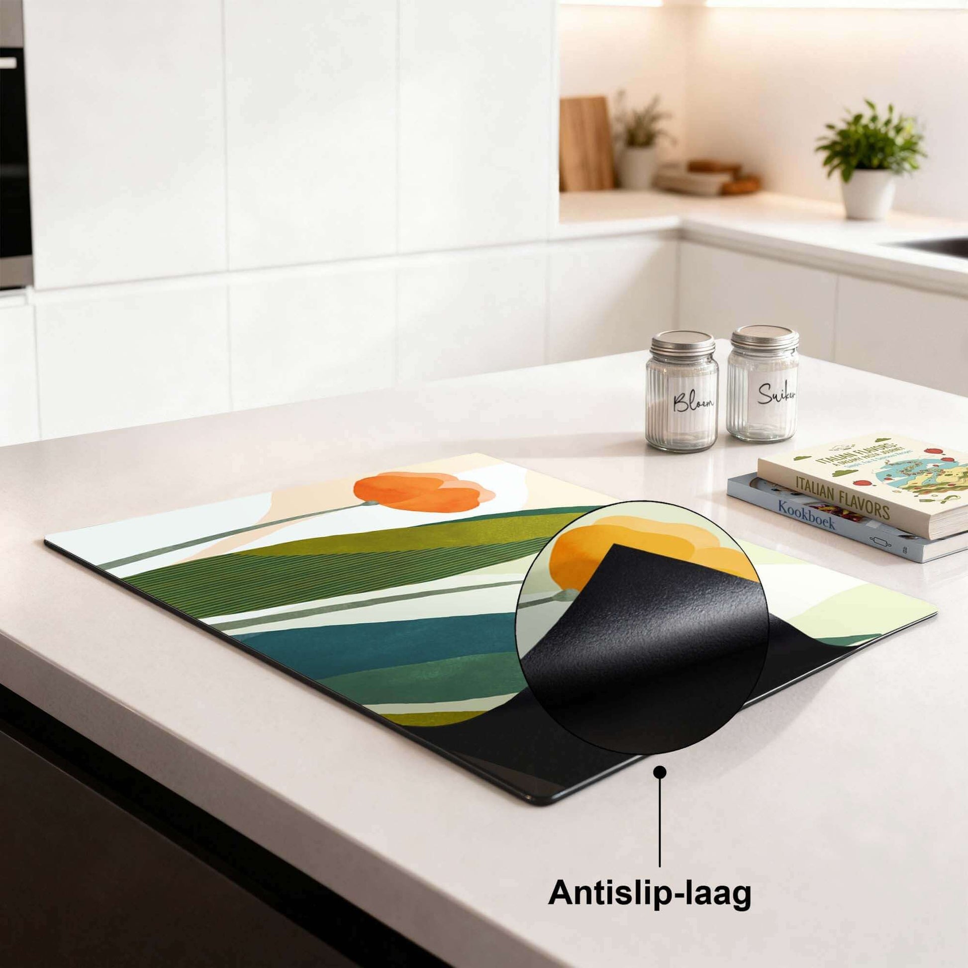 Sunset Blooms - Herdabdeckplatte mit orangefarbenem und goldenem Blumendruck für die Küche, rutschfeste Beschichtung sichtbar