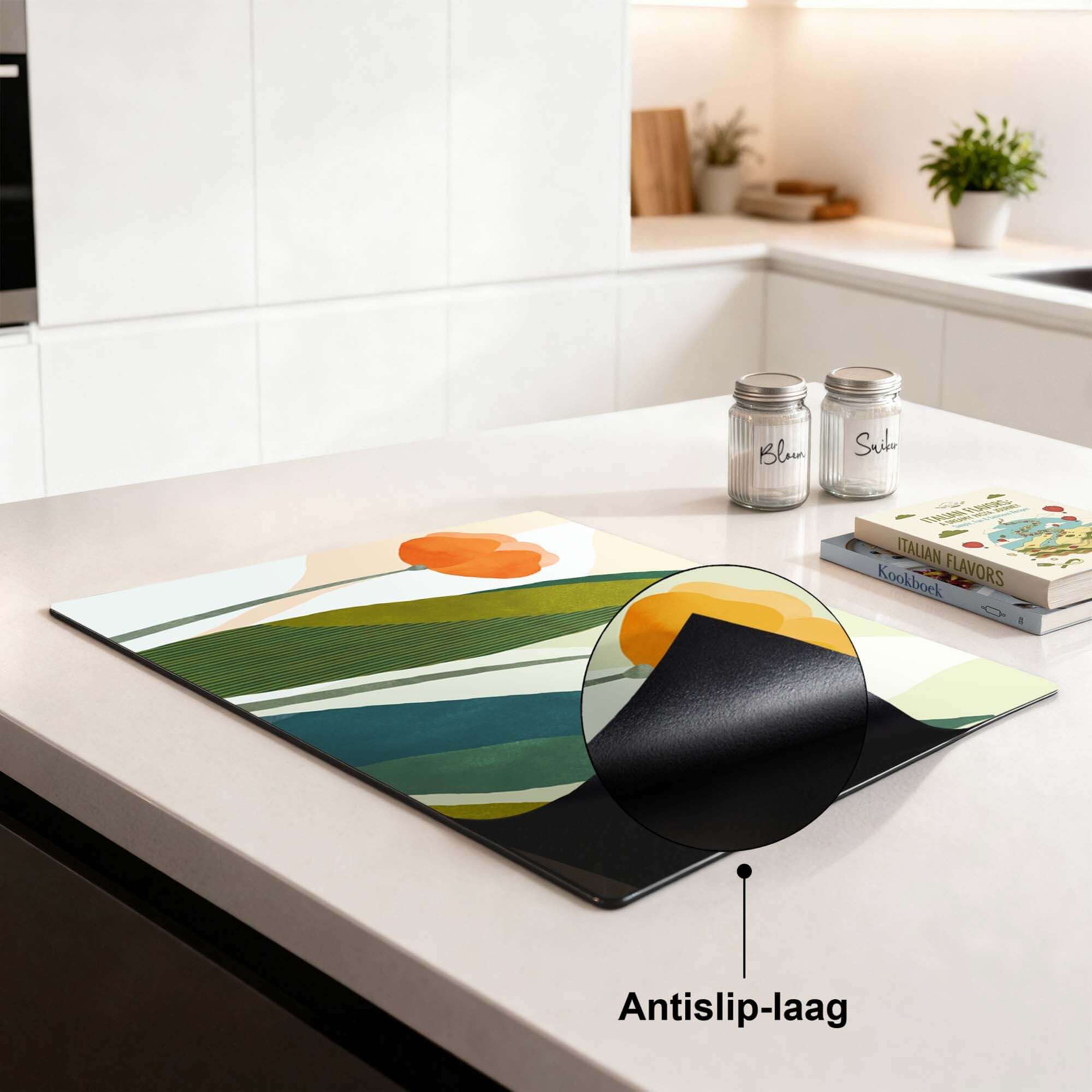 Sunset Blooms - Herdabdeckplatte mit orangefarbenem und goldenem Blumendruck für die Küche, rutschfeste Beschichtung sichtbar