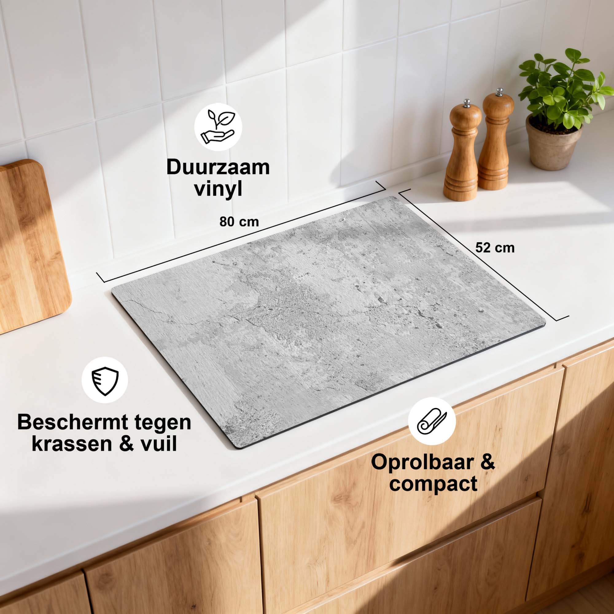 Urban White - Herdabdeckplatte auf einer Küchenarbeitsplatte aus strapazierfähigem Vinyl, schützt vor Kratzern und Schmutz.