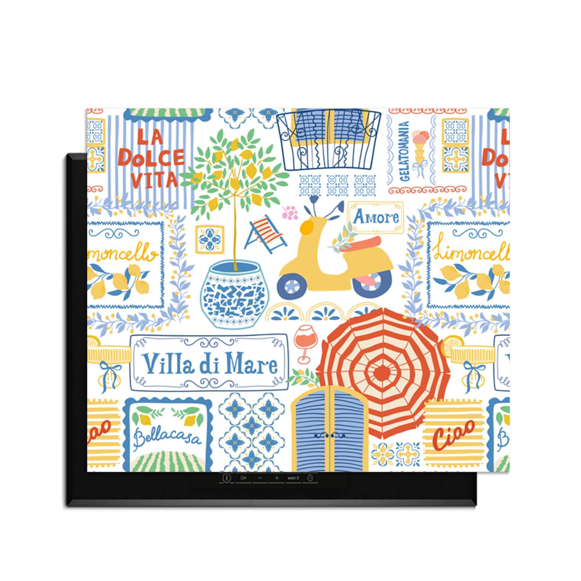 Villa Mare - Herdabdeckplatte mit mediterranen Symbolen, eine inspirierende Collage, die den Charme der italienischen Küste in Ihre Küche bringt.