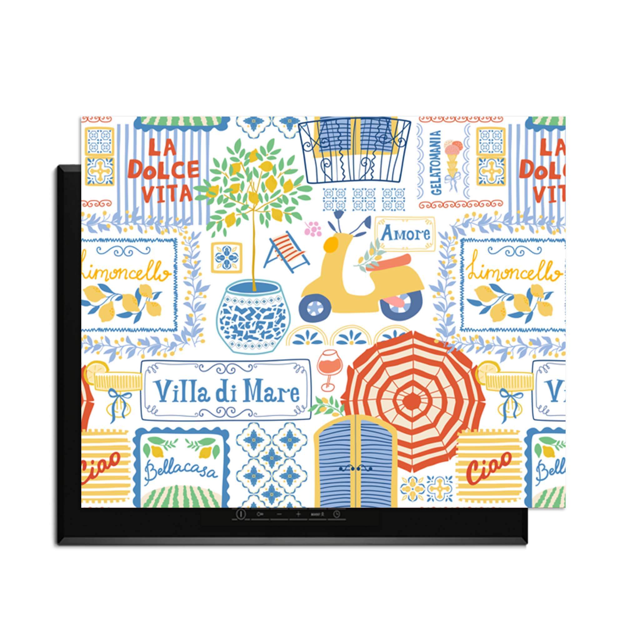 Villa Mare - Herdabdeckplatte, eine fröhliche Collage mit mediterranen Symbolen, schützt Ihr Induktionskochfeld im italienischen Stil.