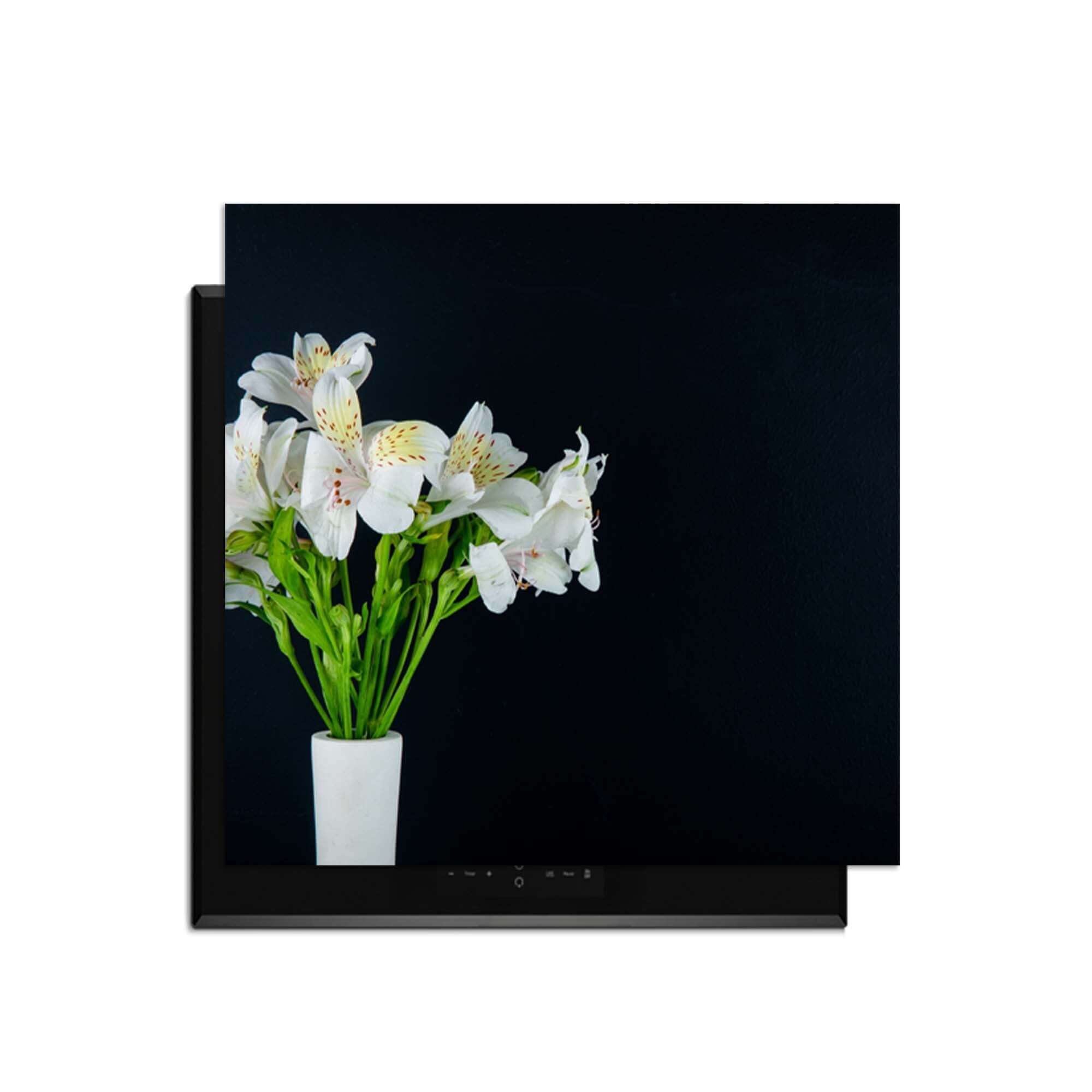 White Whisper - Induktionswächter mit weißen Blumen in einer Vase auf schwarzem Hintergrund.