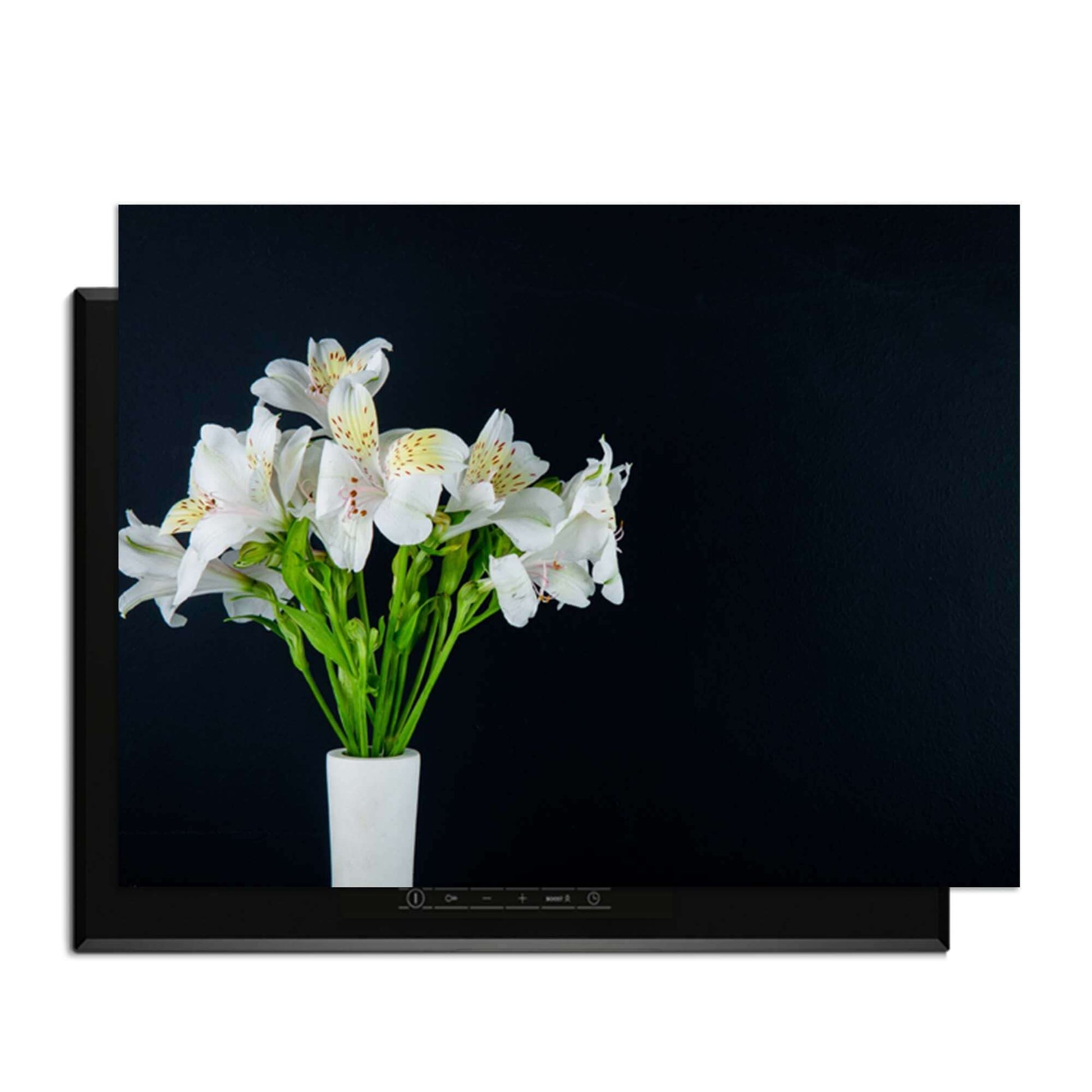White Whisper - Induktionswächter mit weißen Blumen in einer eleganten Vase auf dunklem Hintergrund.