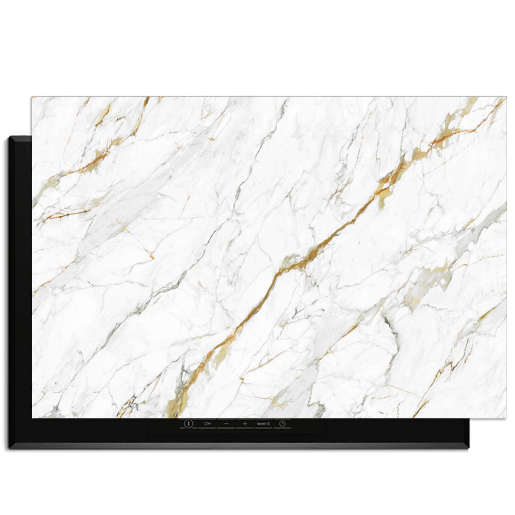Calacatta Gold - Herdabdeckplatte mit weißem Marmordesign und goldenen Adern für sichere Kochfelder.