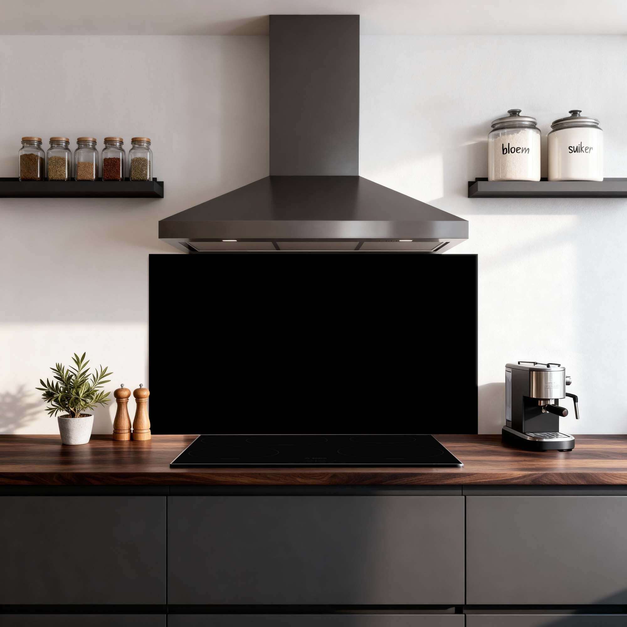 Pure Black Spritzschutz in der modernen Küche, stilvoller Spritzschutz in tiefem Schwarz aus der Schlichte Eleganz Kollektion.