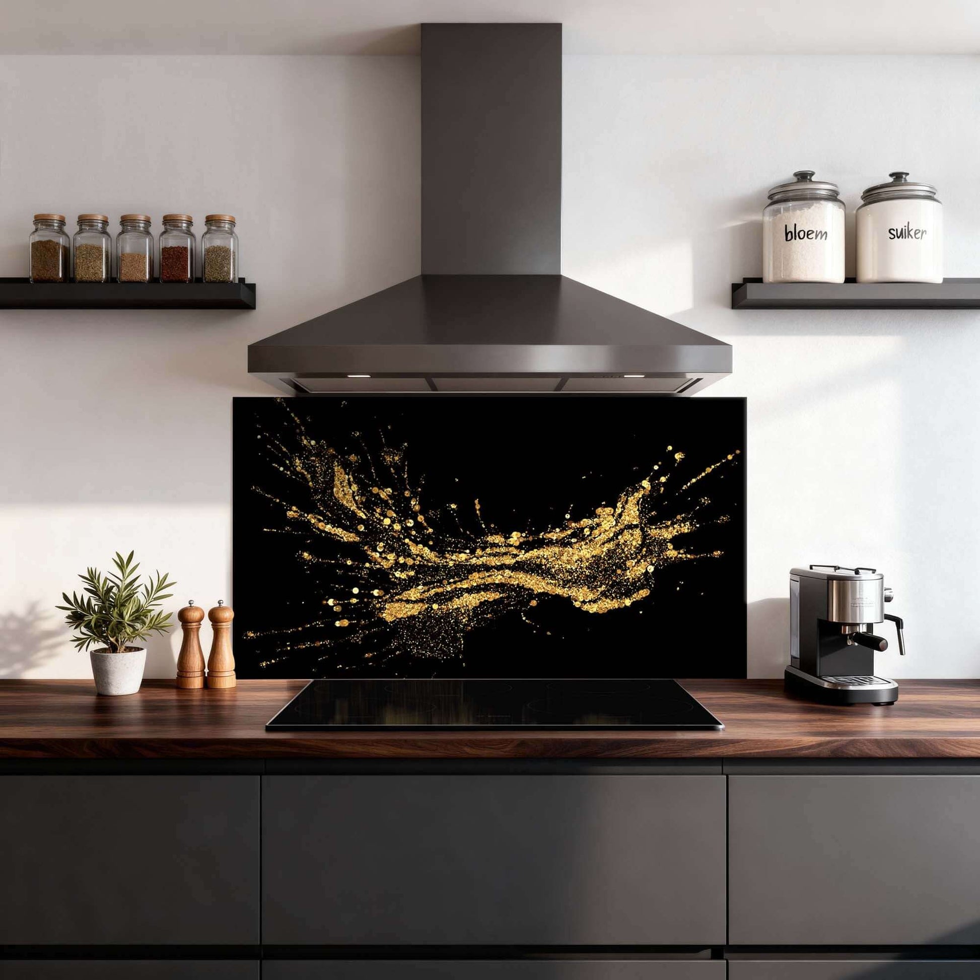 Golden Splash Spritzschutz mit elegantem Golddesign auf Schwarz in moderner Küche, perfekt als Küchenrückwand und Spritzschutz.