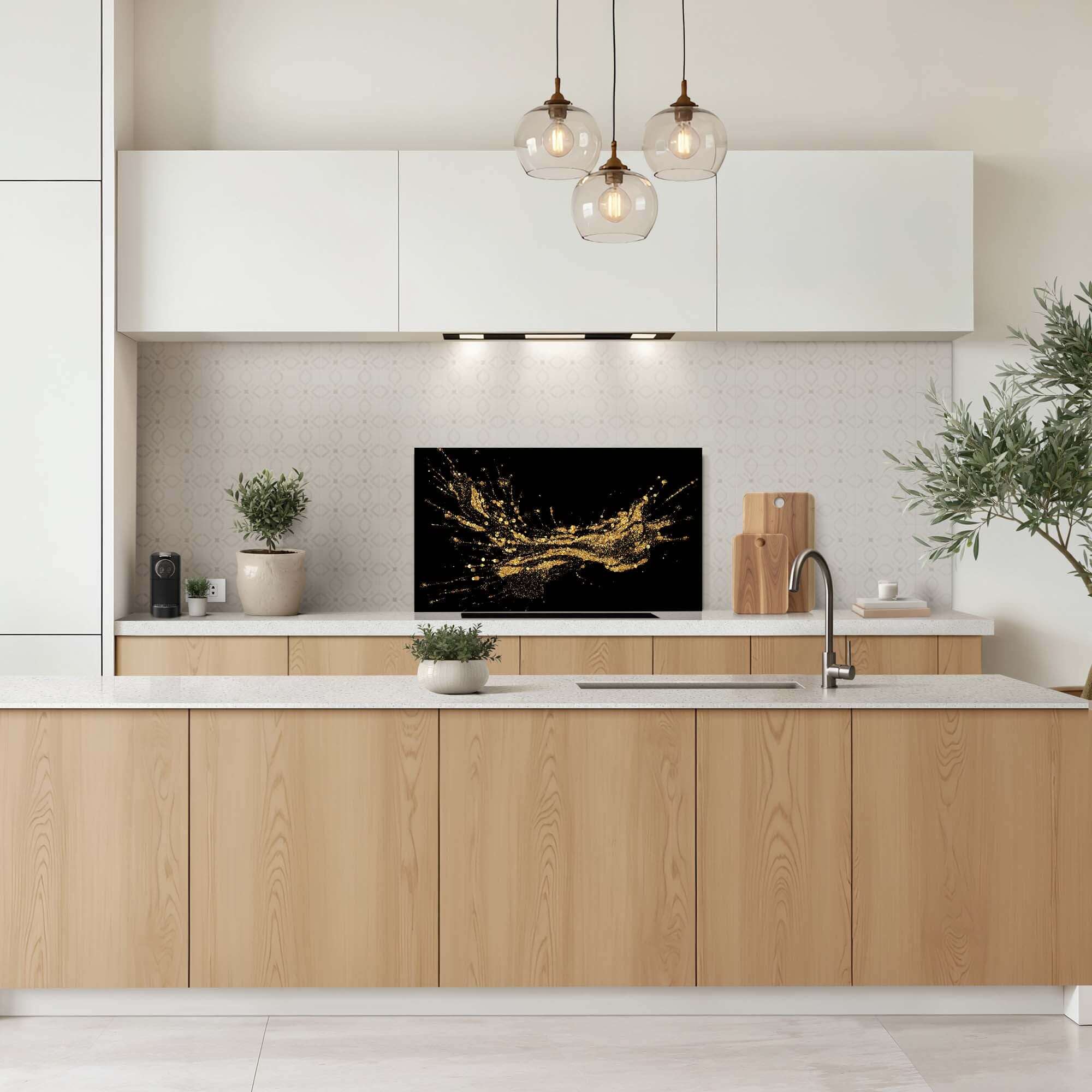 Golden Splash Spritzschutz in einer modernen Küche mit goldenem Design, Spritzschutz für einen eleganten Look, Küchenspritzschutz Spritzschutz.